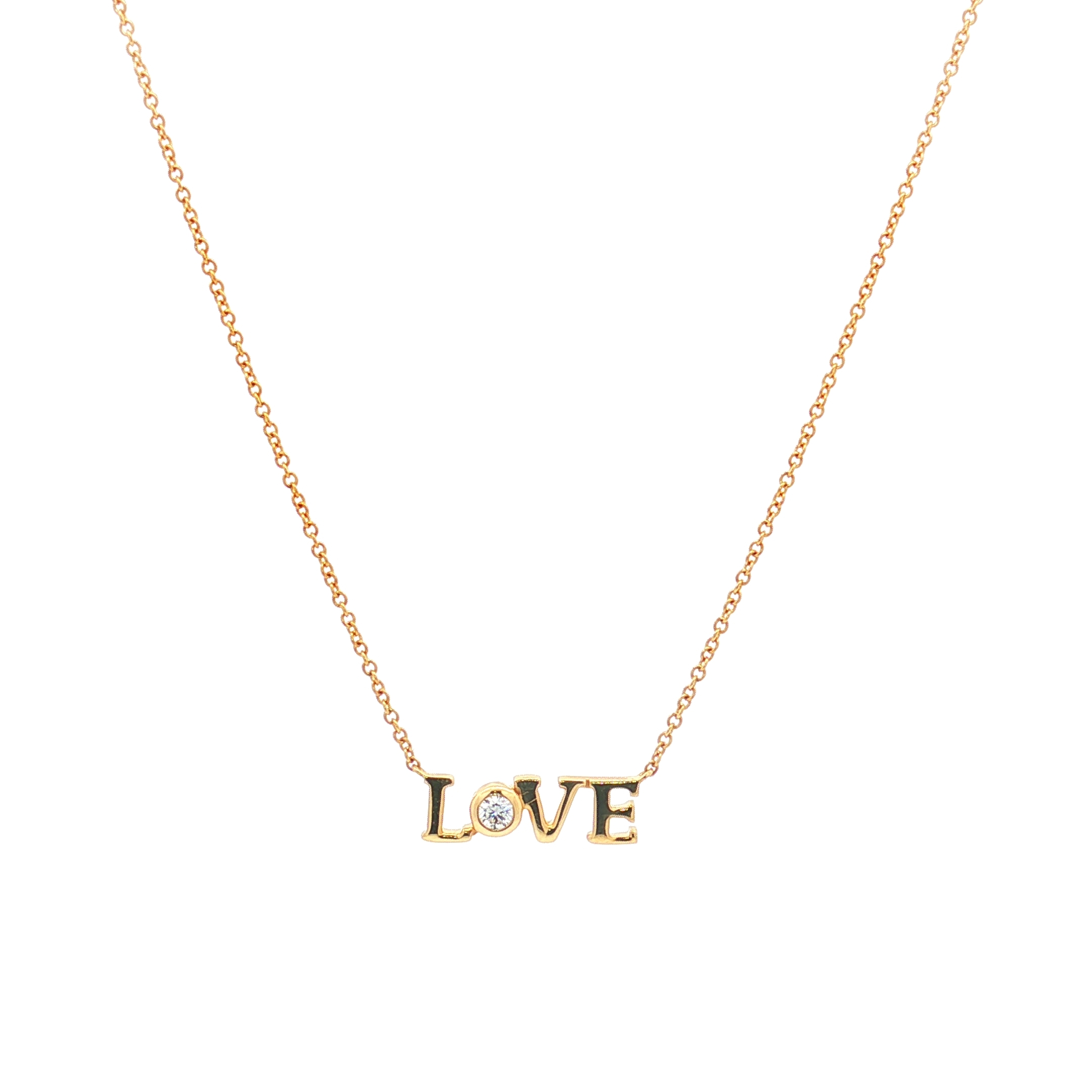 14K Yellow Gold LOVE Block Letter Necklace with 0.07ct Natural Diamond, 18 (Adjustable)