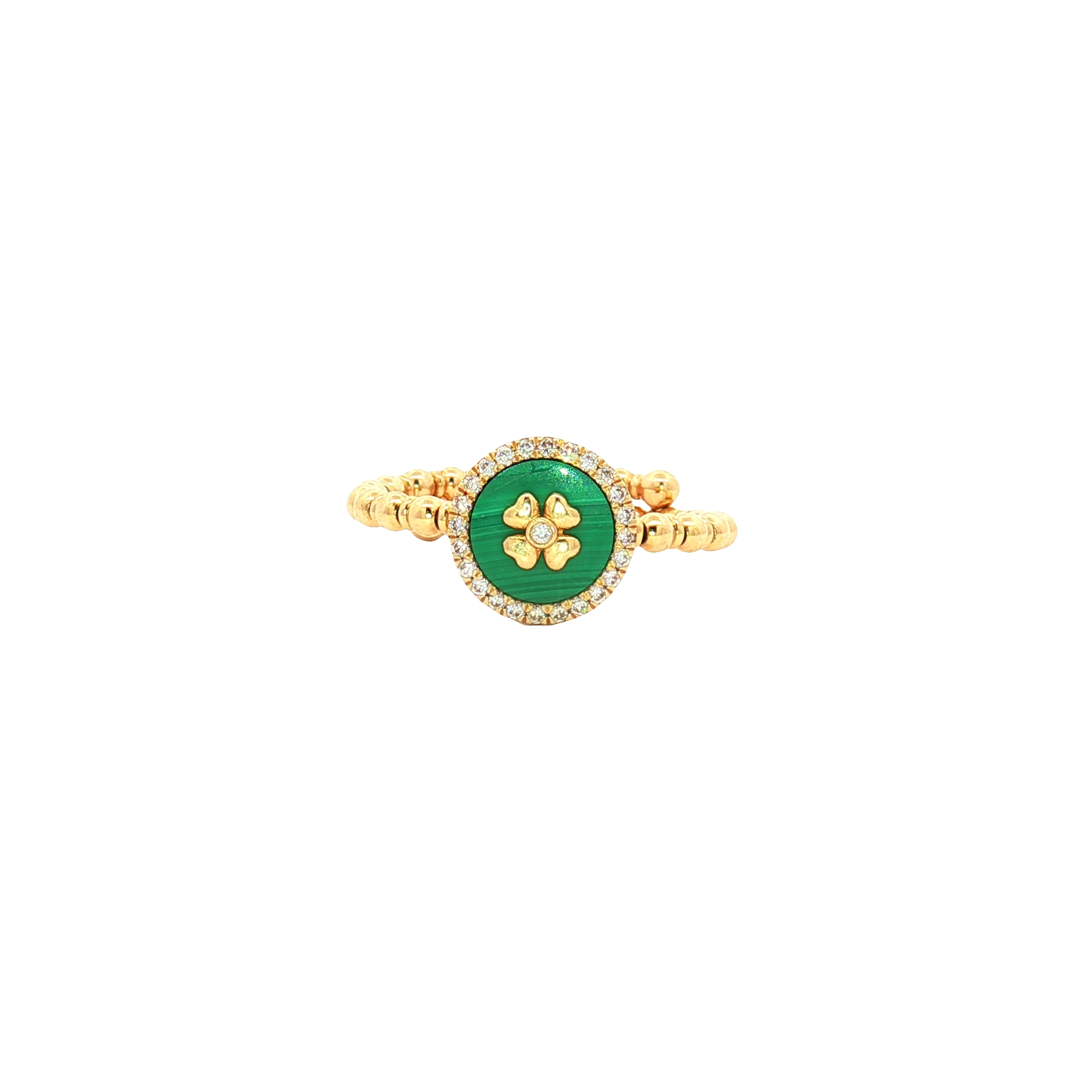 14K Yellow Gold Malachite & 0.12ct Diamond Halo Four-leaf Clover Ring, Size 6.5 