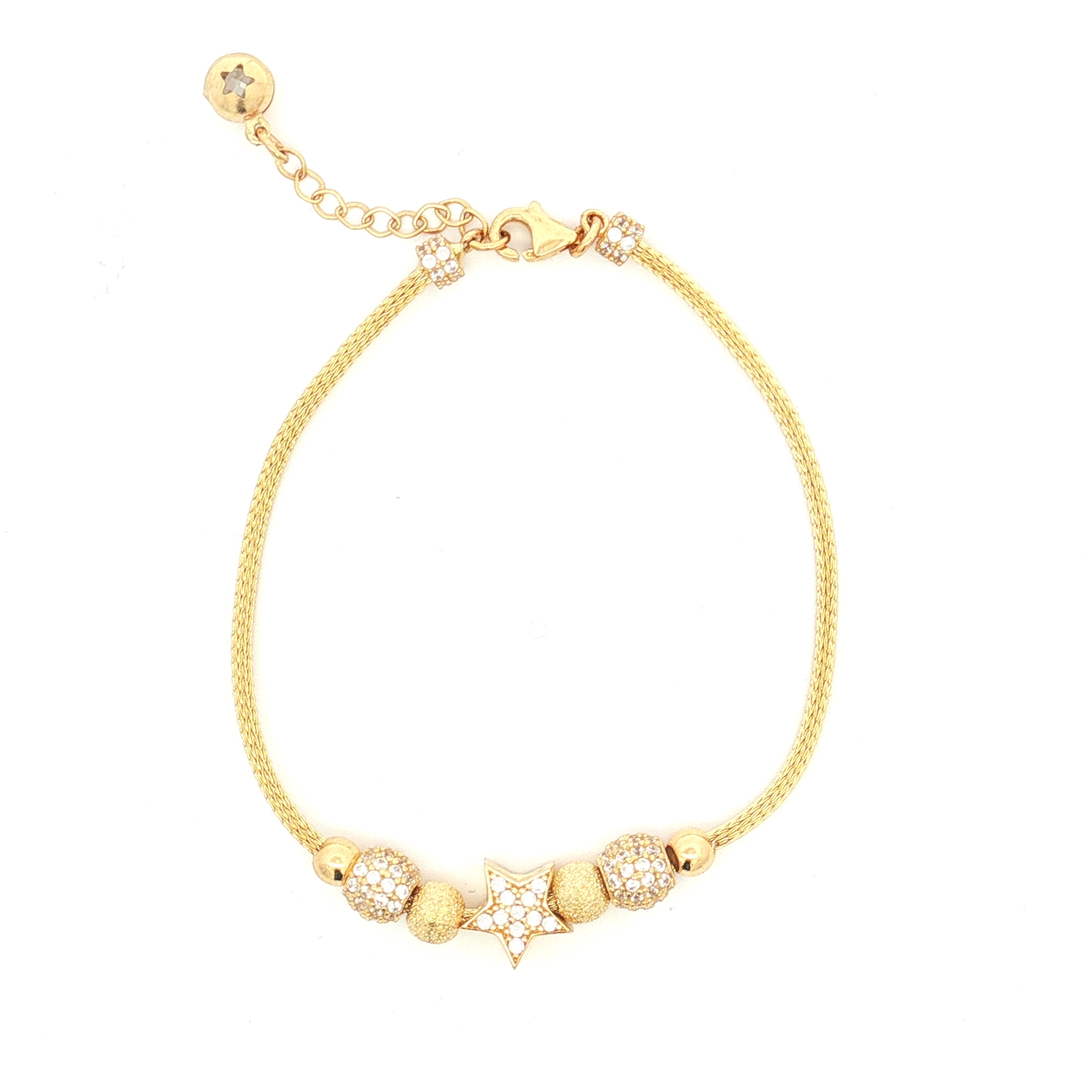 14K Yellow Gold Mesh Link Bracelet with Cubic Zirconia-Accented Beads and Star Motif, 7.5 (Adjustable)