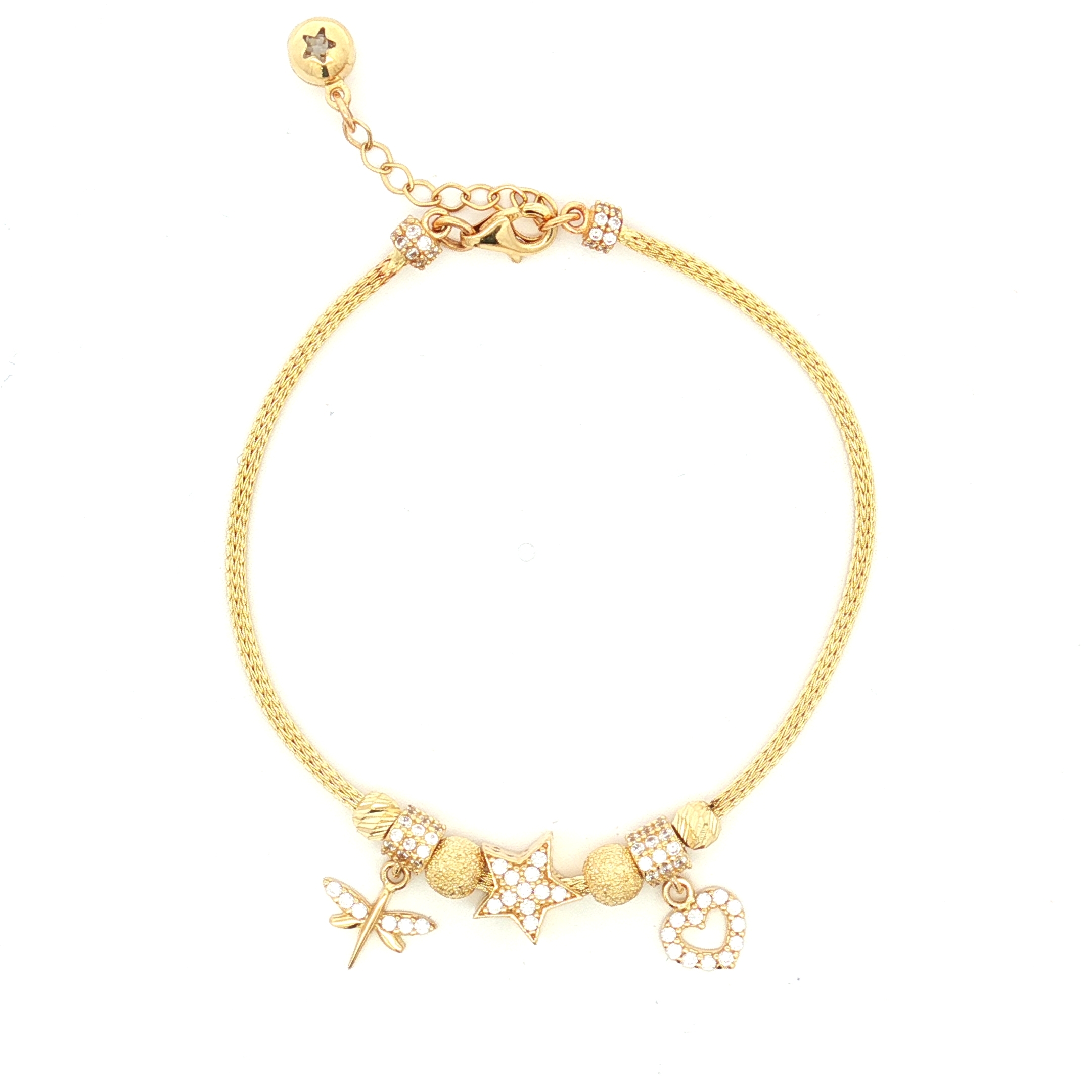 14K Yellow Gold Mesh Link Bracelet with Cubic Zirconia Star Motif and Dragonfly & Heart Dangle Charms, 7.5 Adjustable