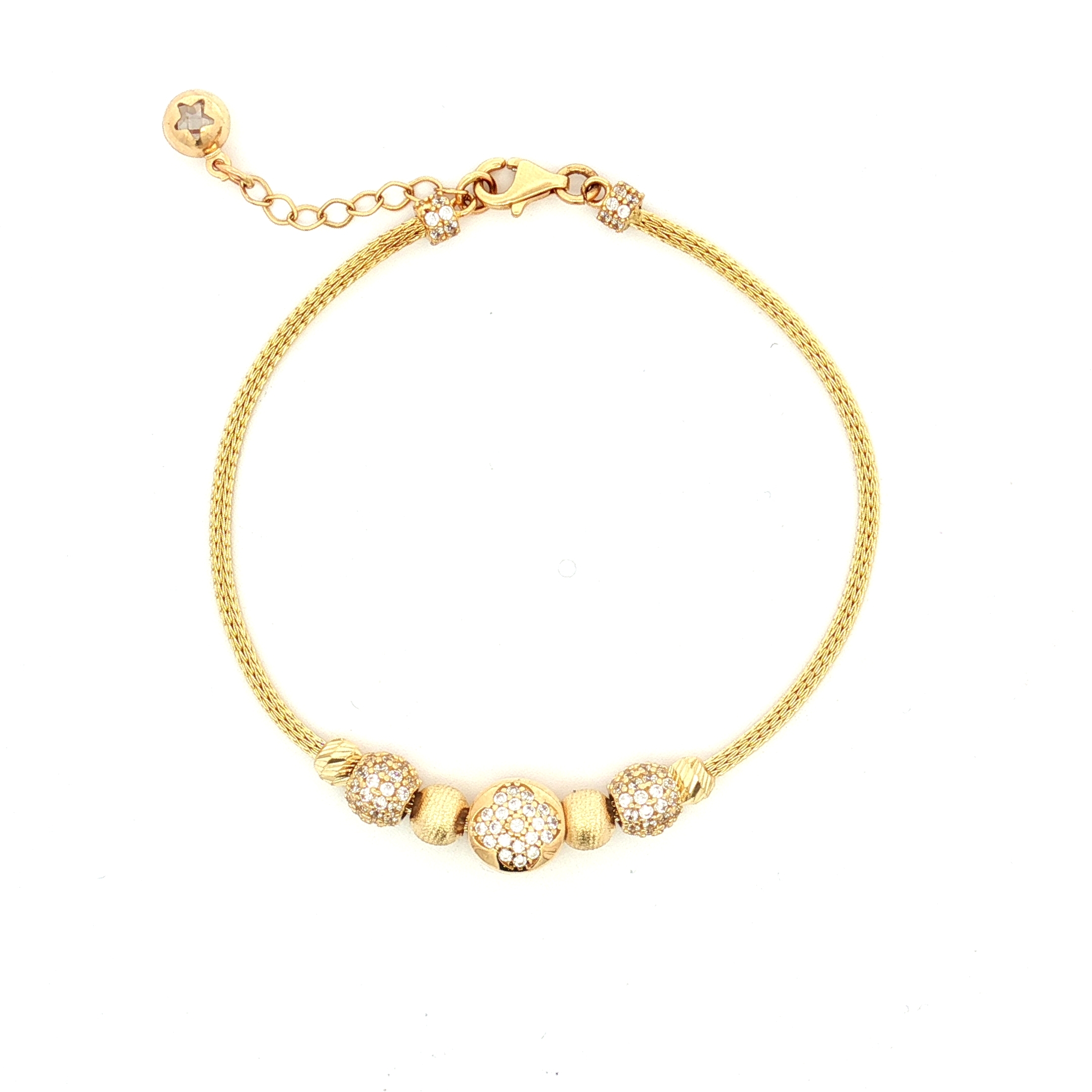 14K Yellow Gold Mesh Link Bracelet with Cubic Zirconia-Accented Beads, 7.5 (Adjustable)