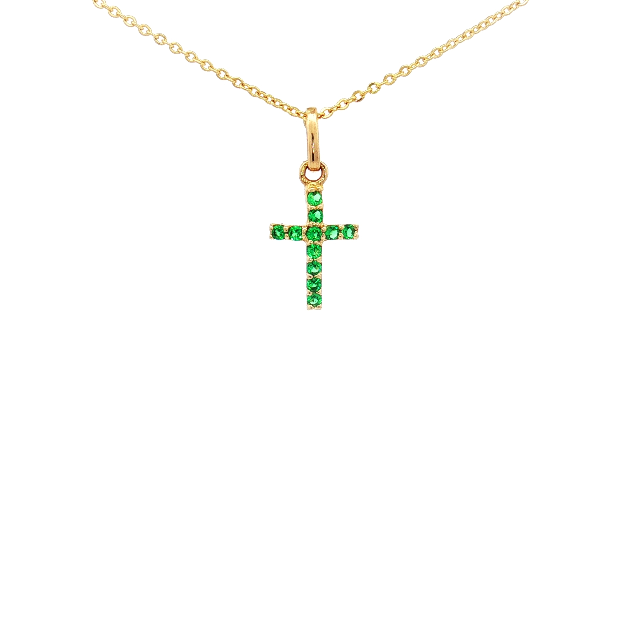 14K Yellow Gold Mini Cross Pendant with Green Cubic Zirconias, ( 16.1mmx7.5mm )