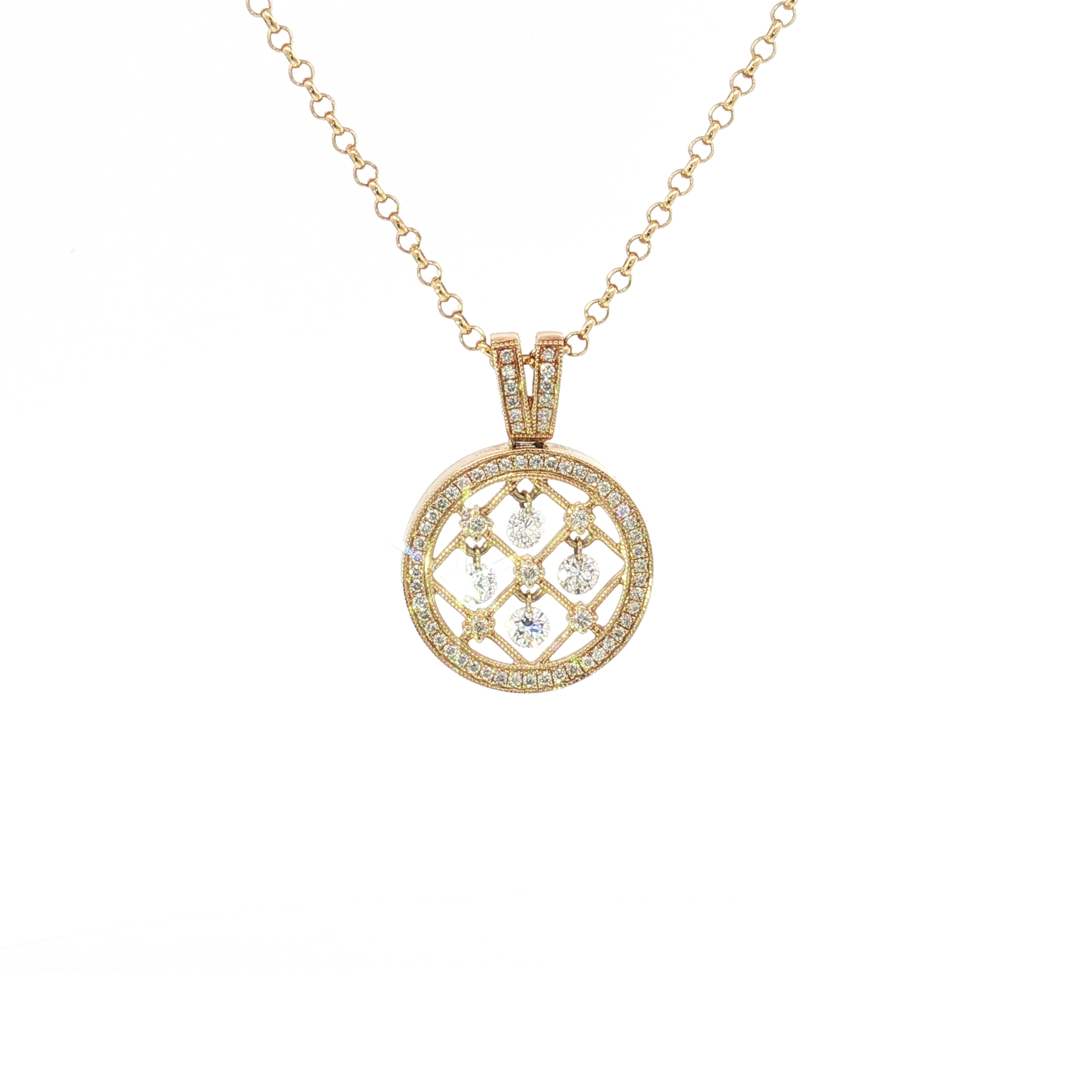 14K Yellow Gold Open Circle Lattice Floating Drop Pendant with 0.55ct Natural Diamonds