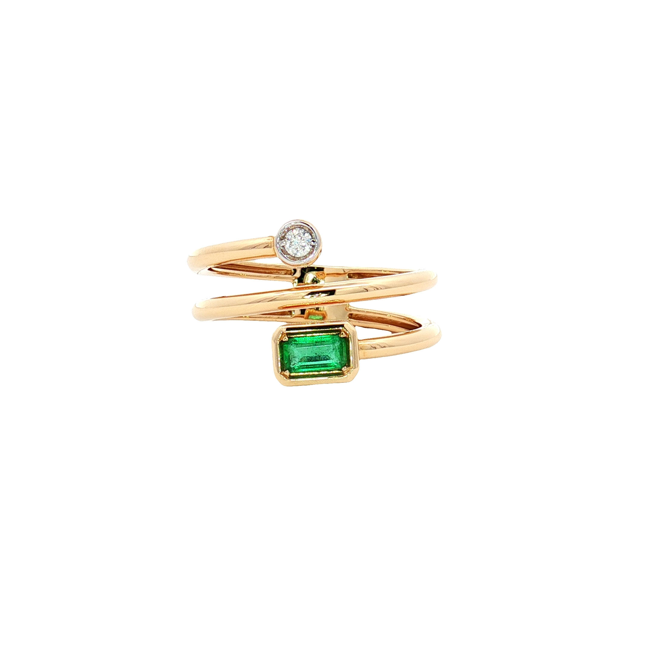 14K Yellow Gold Open Spiral Ring with 0.05 CT Diamond & 0.26 CT Emerald-Cut Emerald, Size 7