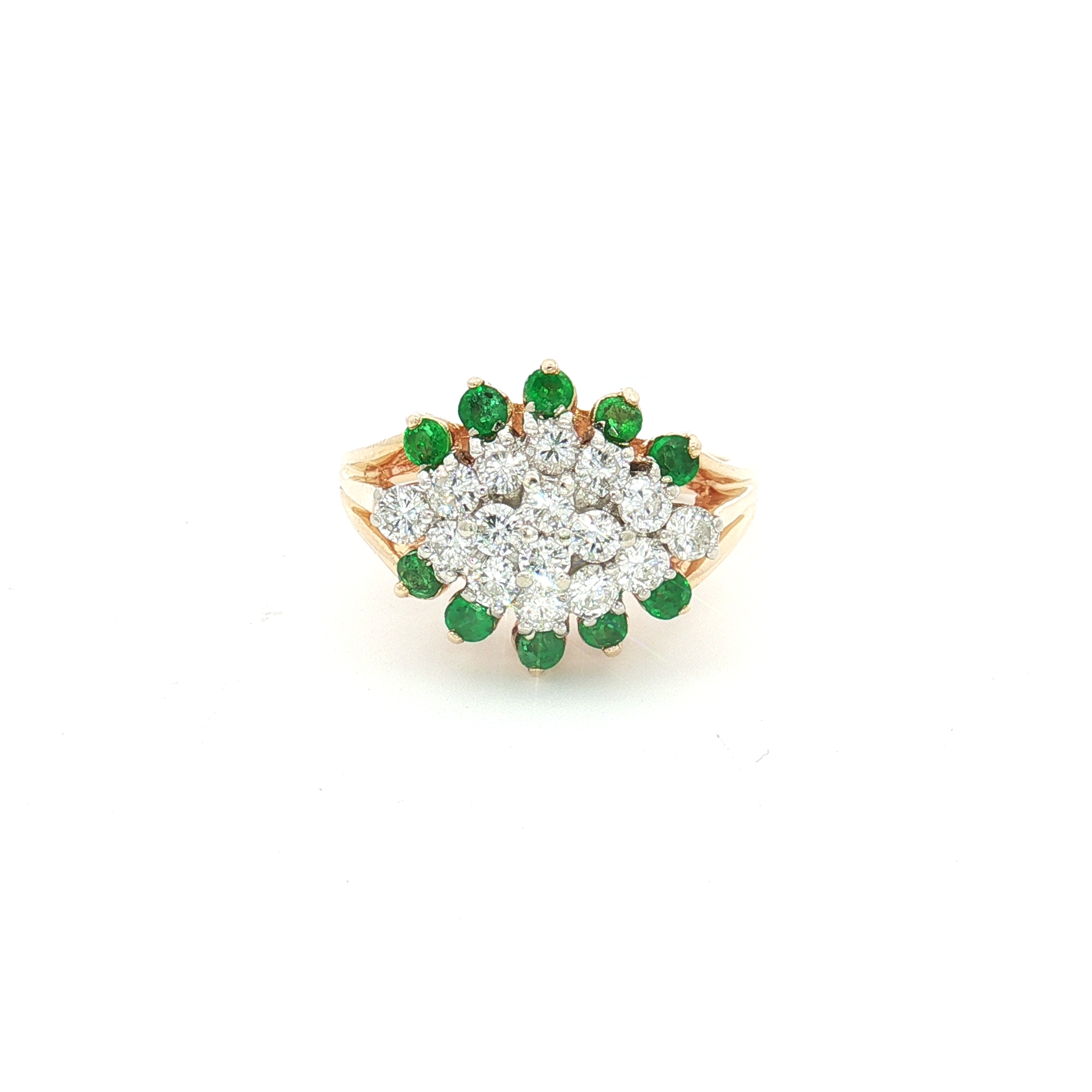 14K Yellow Gold Oval Cluster Ring with Natural Diamonds and Emerald Halo, Size 4.5