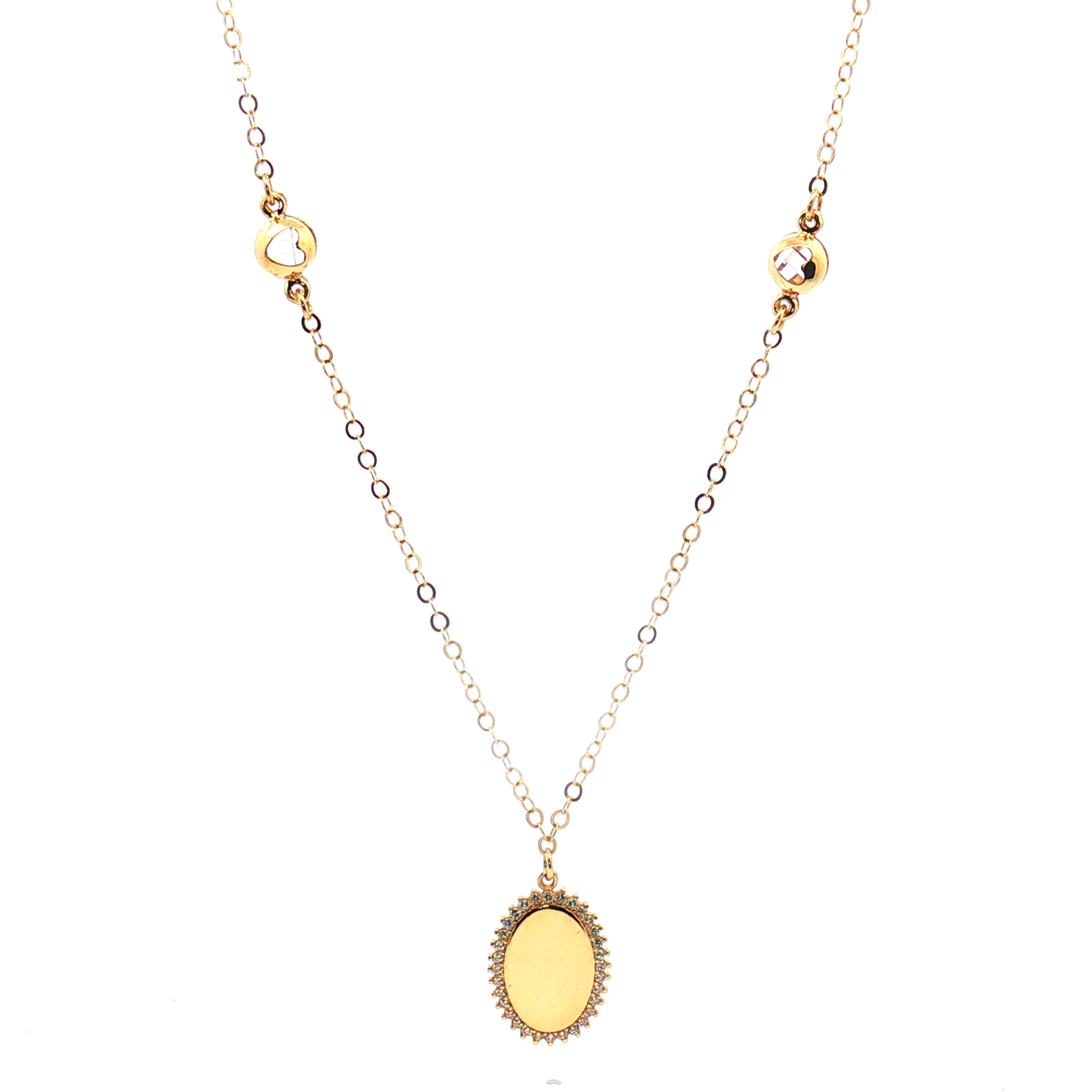 14K Yellow Gold Oval Engravable Cubic Zirconia Pendant Necklace with Heart Bezel-Set CZ Station Chain, 17