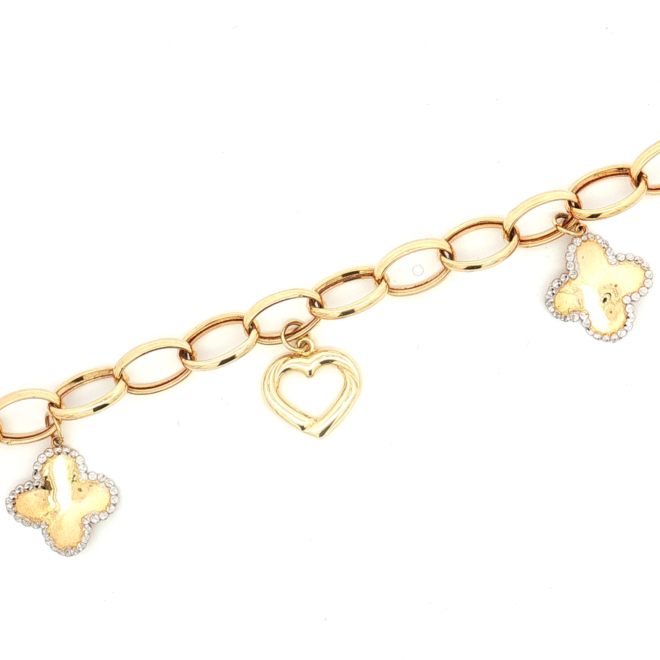 14K Yellow Gold Oval Link Bracelet with Dangle Heart & Flower Station, 7.5