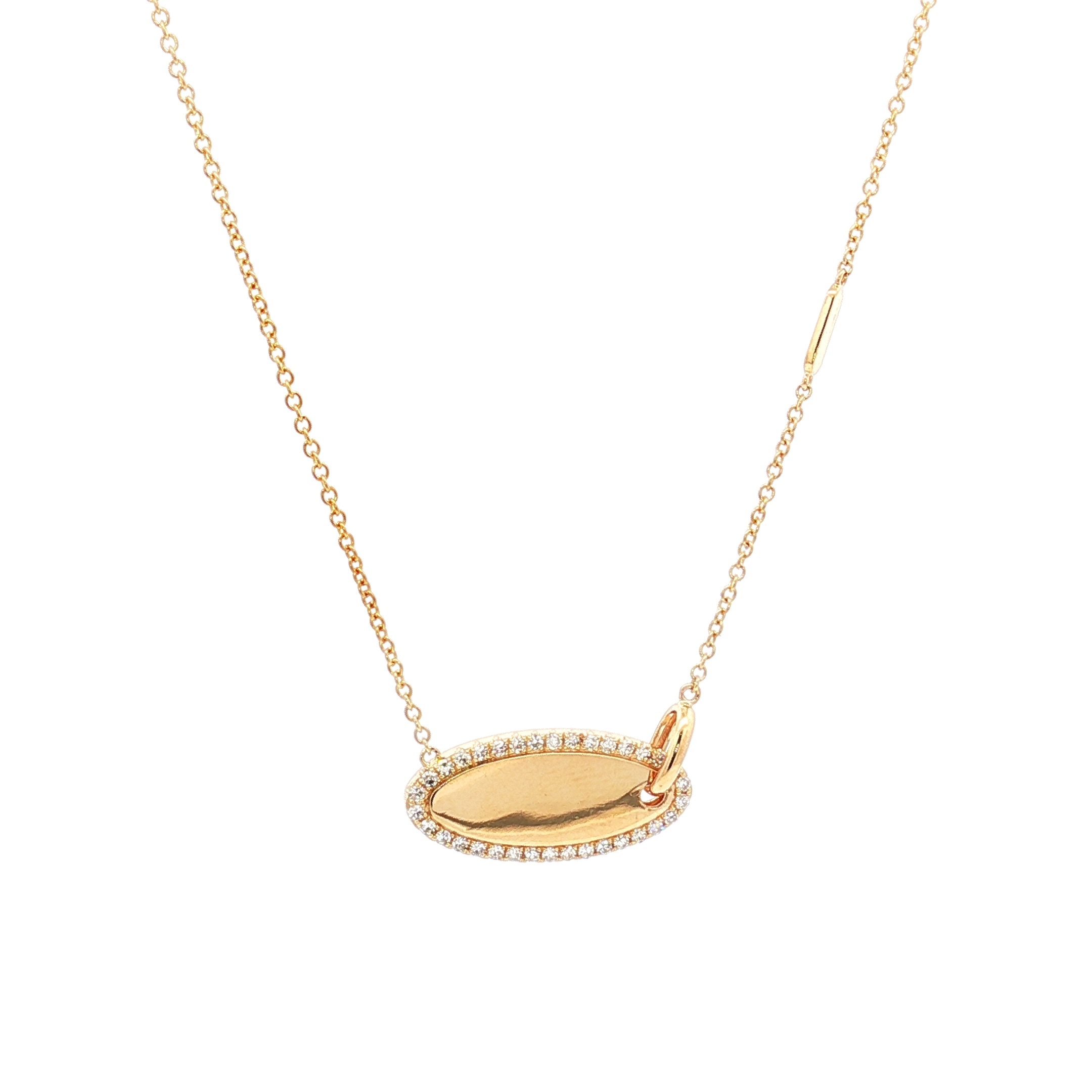 14K Yellow Gold Oval Plate Necklace with 0.27 CT Diamond Halo, 18”