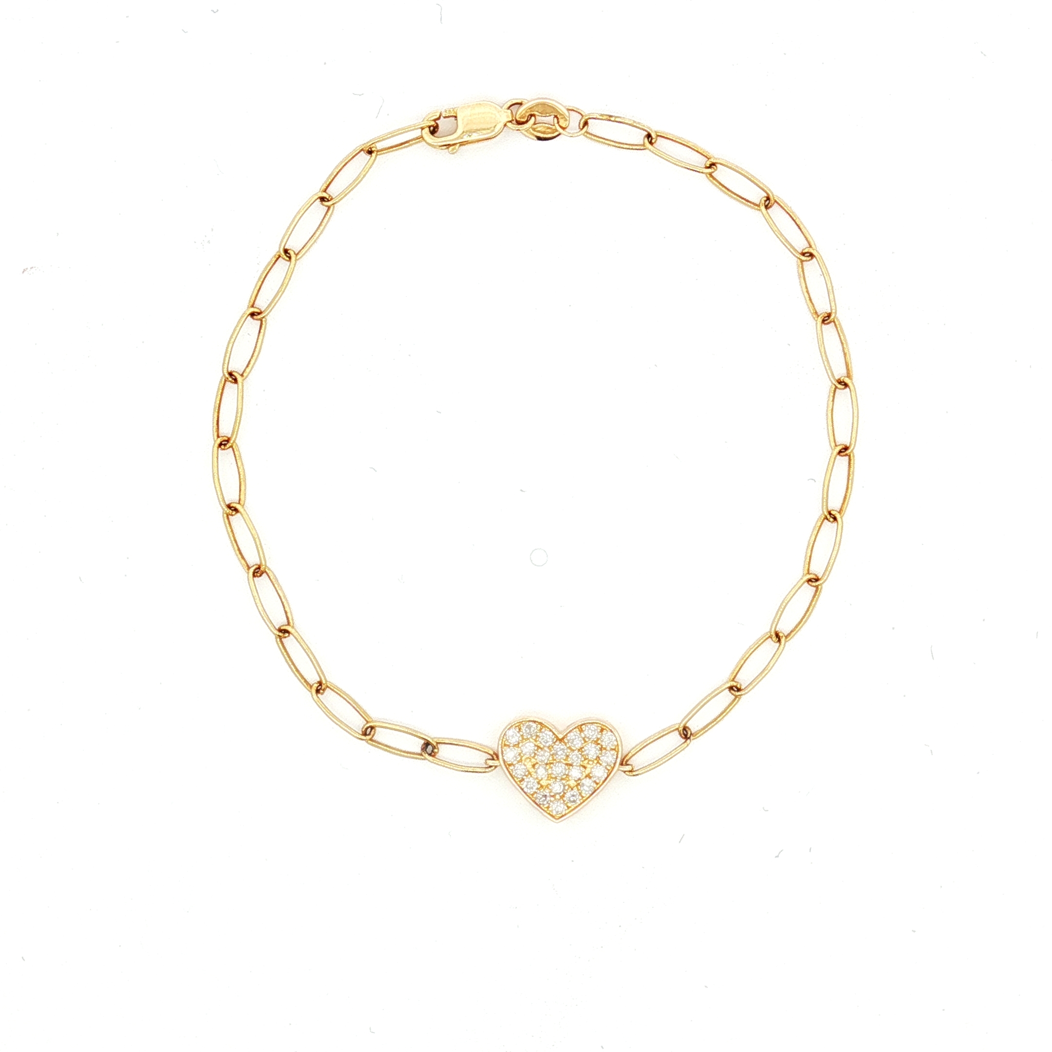 14K Yellow Gold Paperclip & Heart Charm Bracelet With Natural Diamonds, Size 7