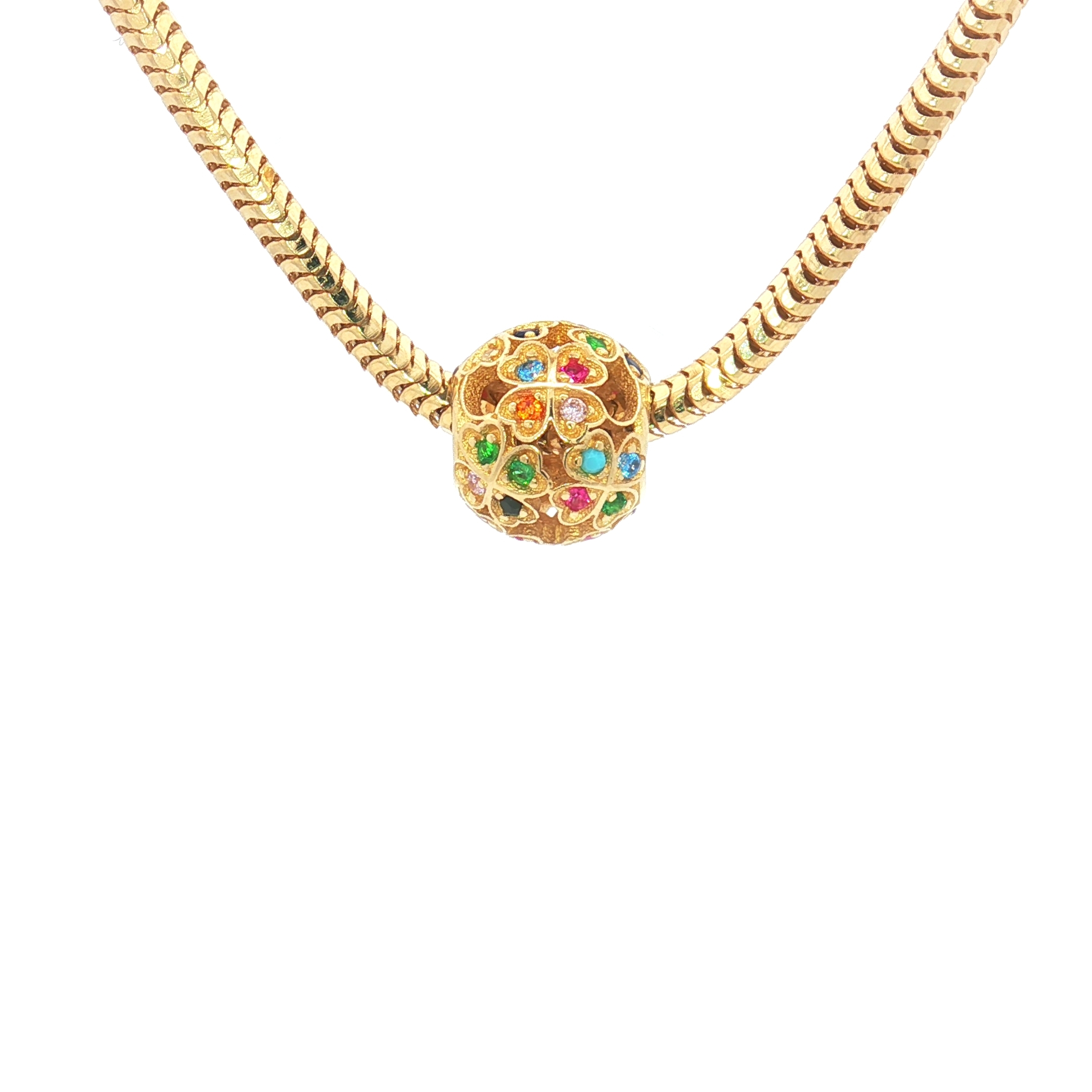 14K Yellow Gold Round Slider Charm With Multicolor Cubic Zirconia Flowers