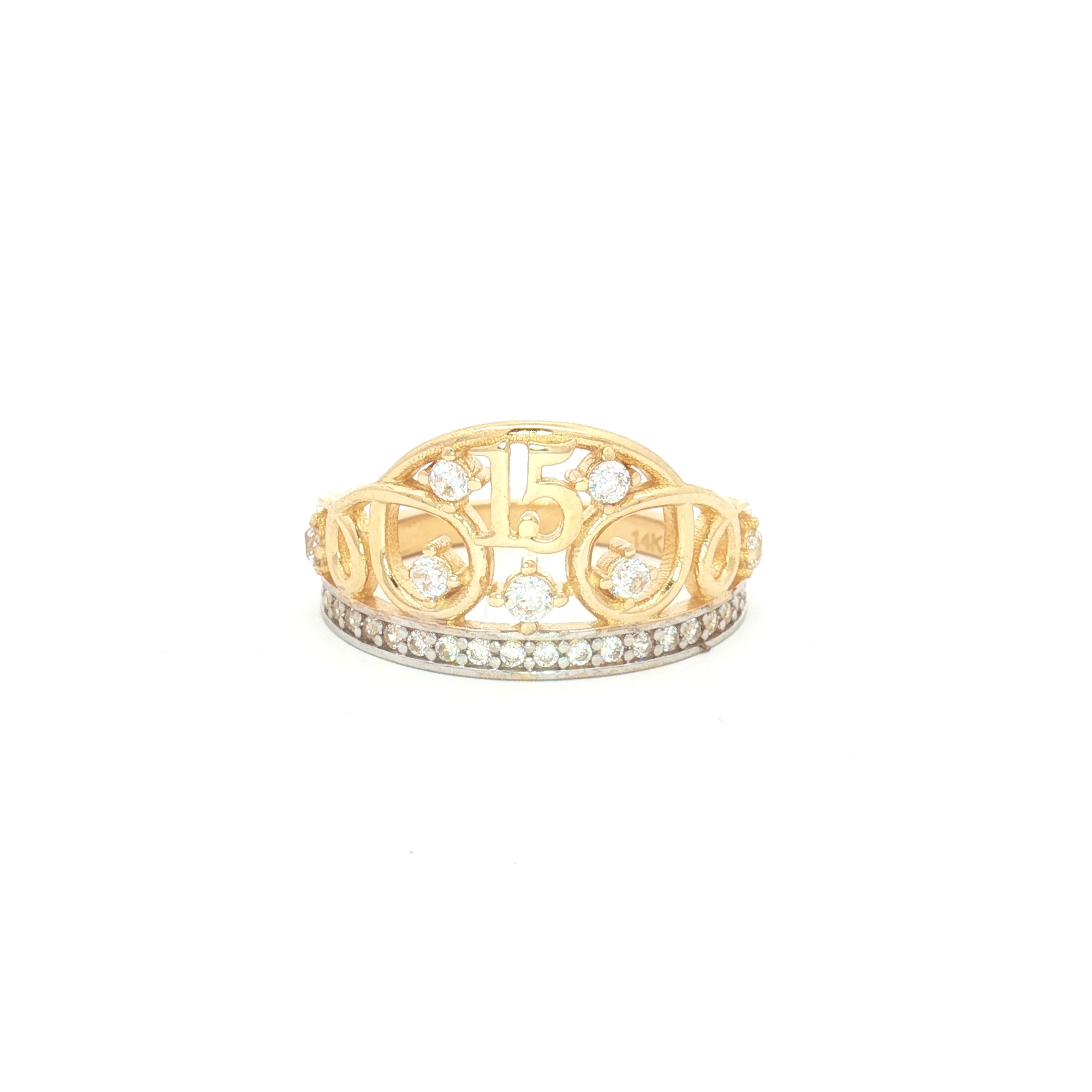 14K Yellow Gold Small 15 Crown Ring With CZ and White Gold Details, Size 6