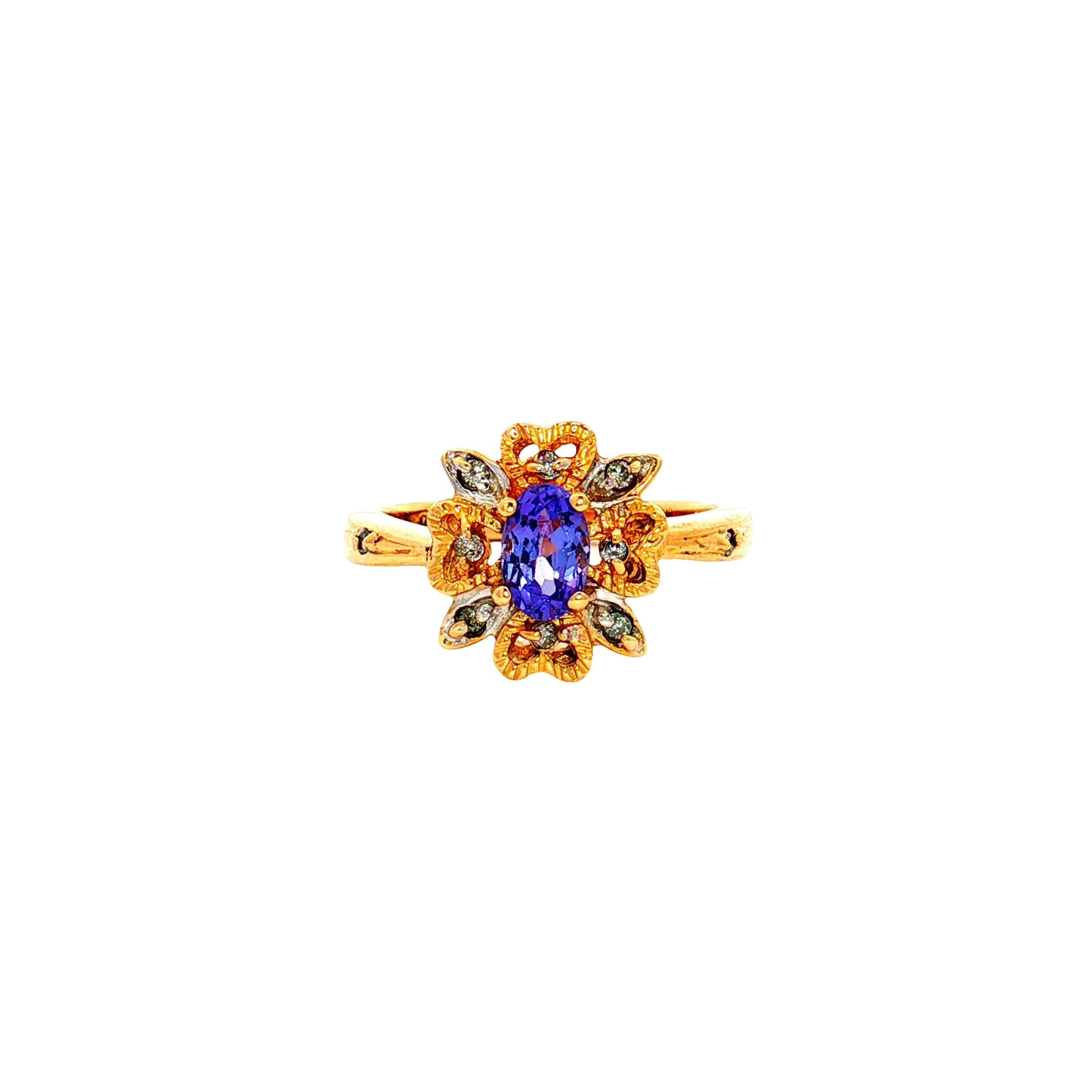 14K Yellow Gold Vintage-Inspired Floral Ring with Oval Tanzanite and Diamond Accents, Size 7