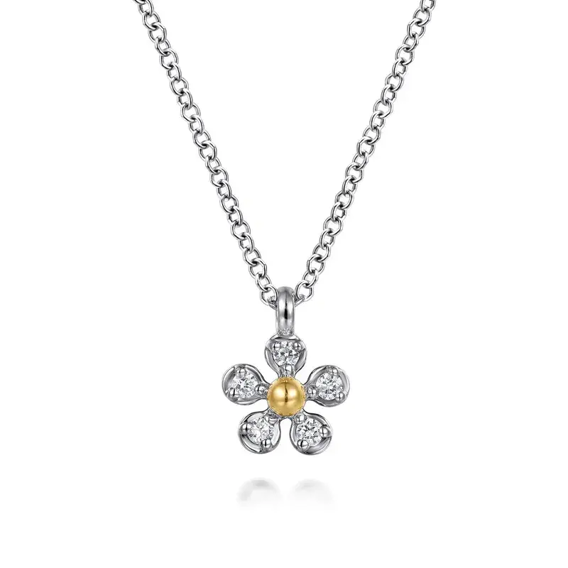 14K Yellow Gold and 925 Sterling Silver Diamond 0.08ct Pendant Necklace, 17.5''