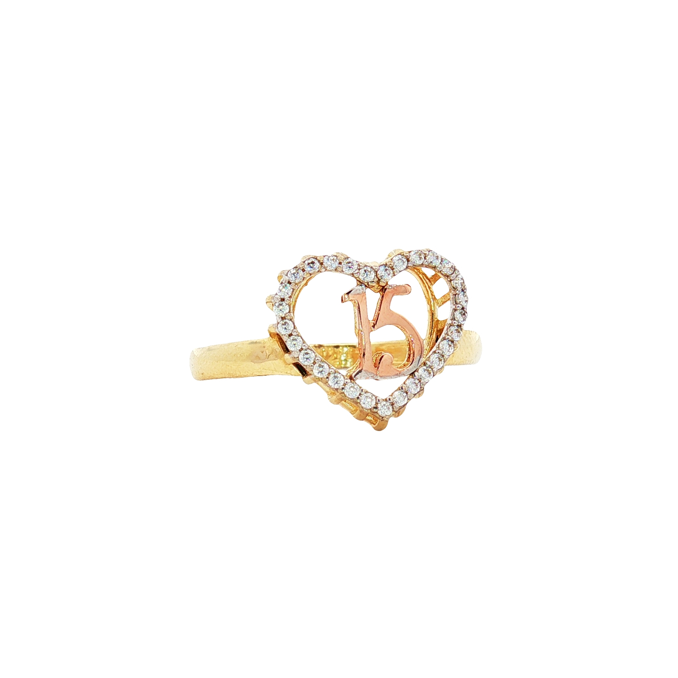 14K Yellow & Rose Gold 15th Birthday Heart Ring with Cubic Zirconia, Size 8