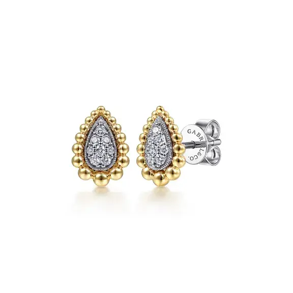 14K Yellow-White Gold Bujukan Teardrop Shape Beaded Frame Diamond Stud Earrings .16 CTW Natural Diamond