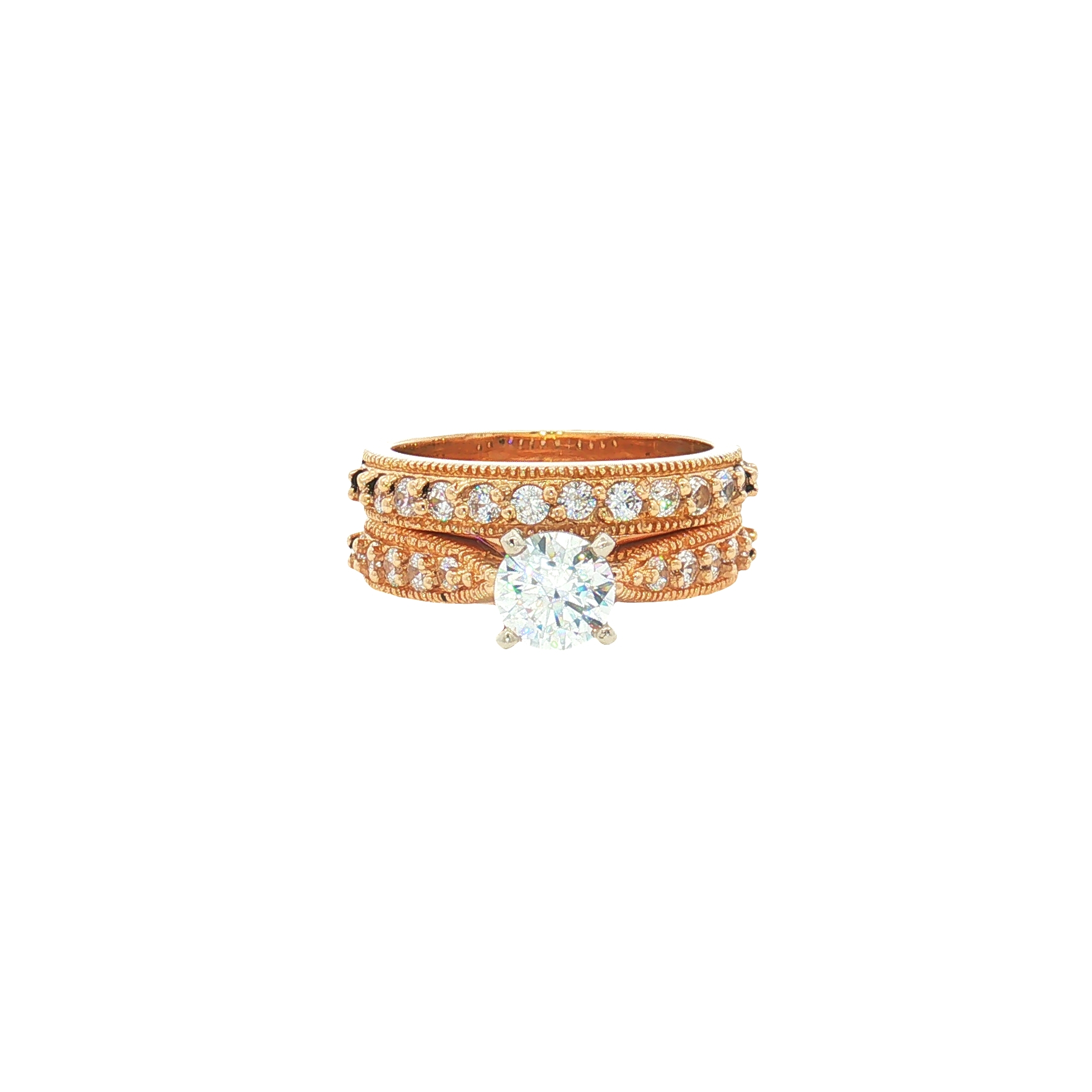 14K Yellow & White Gold Cathedral Wedding Set with Cubic Zironia Center and Accent Bands, Size 7