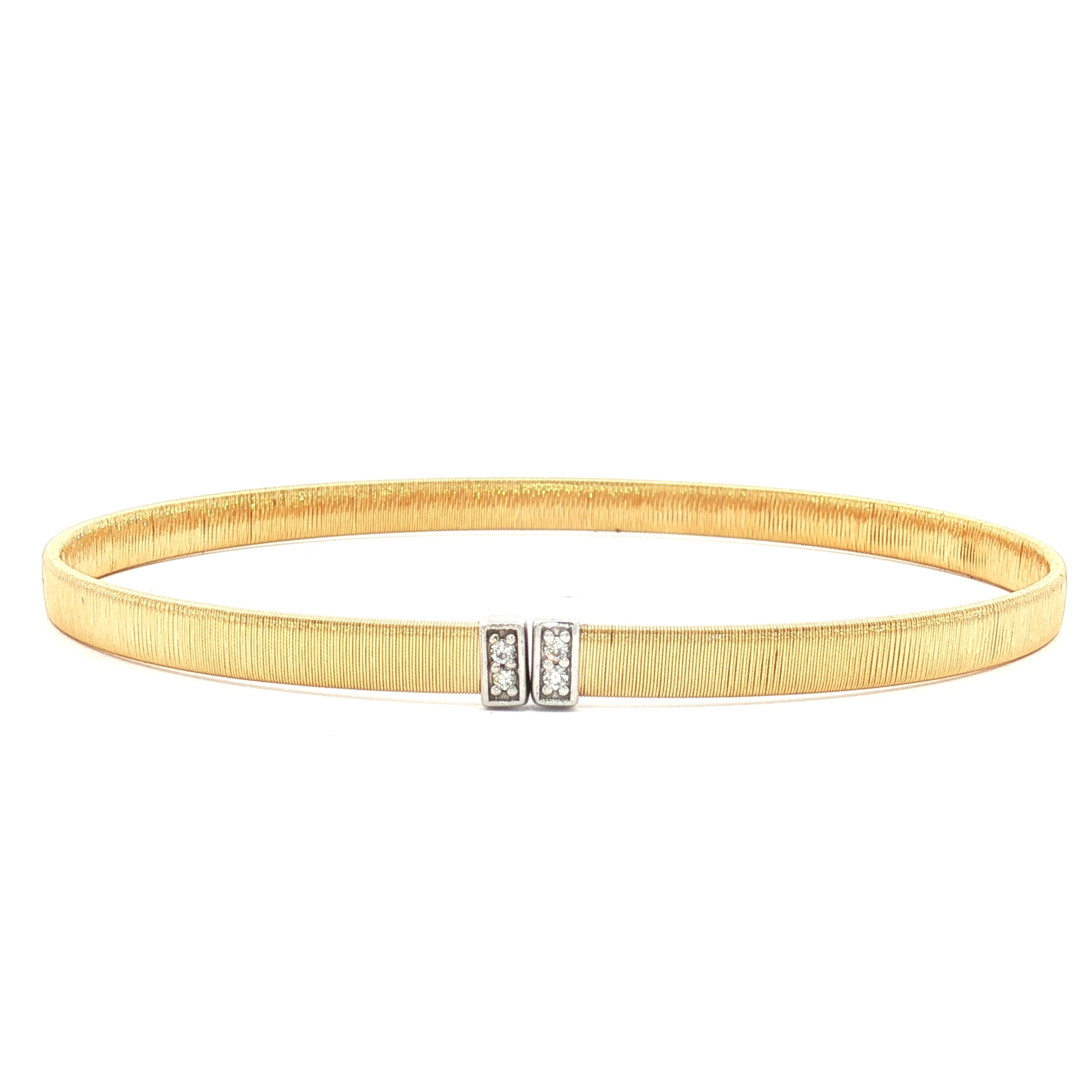 14K Yellow & White Gold Details Open Vertical Brush Bangle with Natural Diamonds, Size 6.5