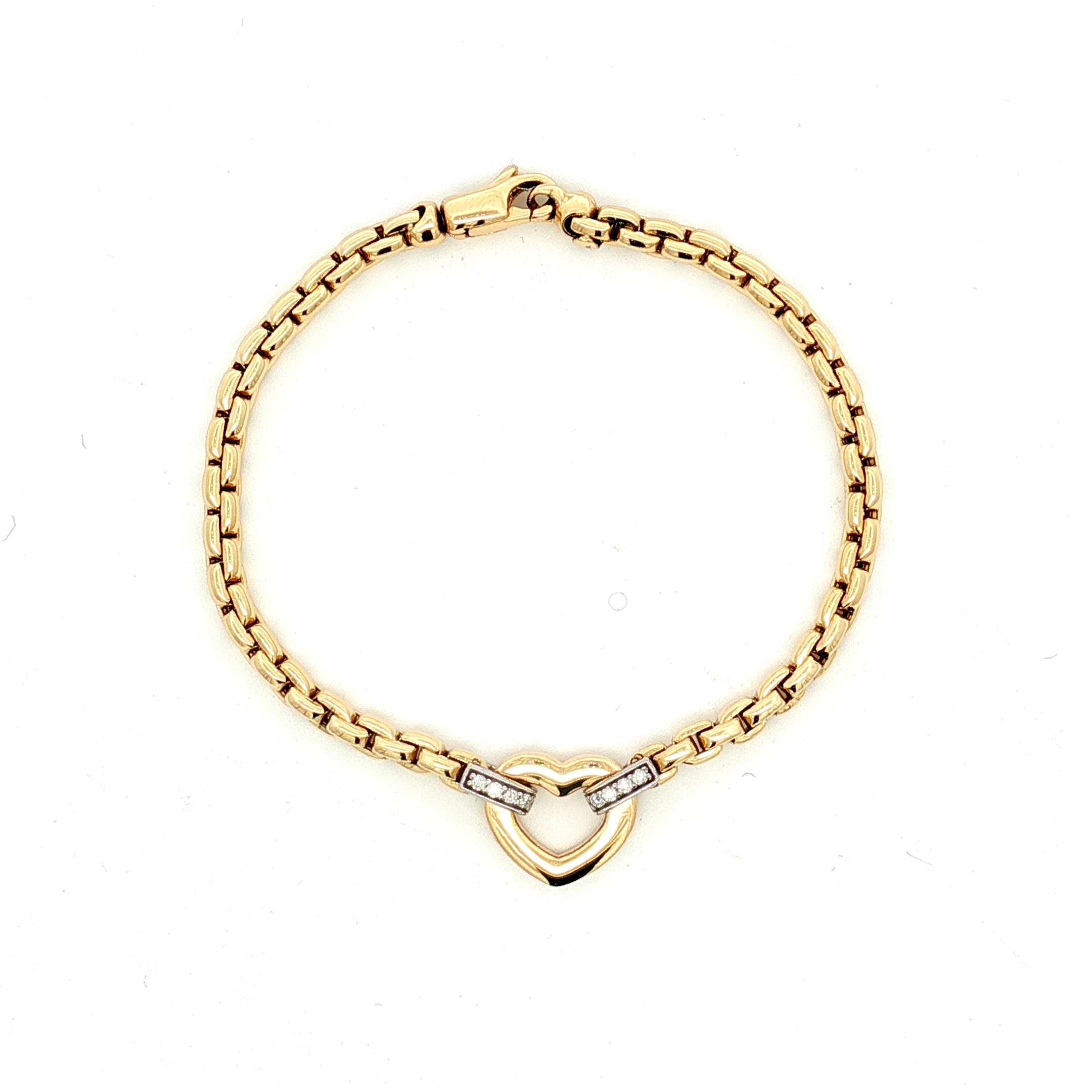 14K Yellow & White Gold Details Venetian Link Heart Bracelet With 0.08ct Natural Diamonds, Size 7