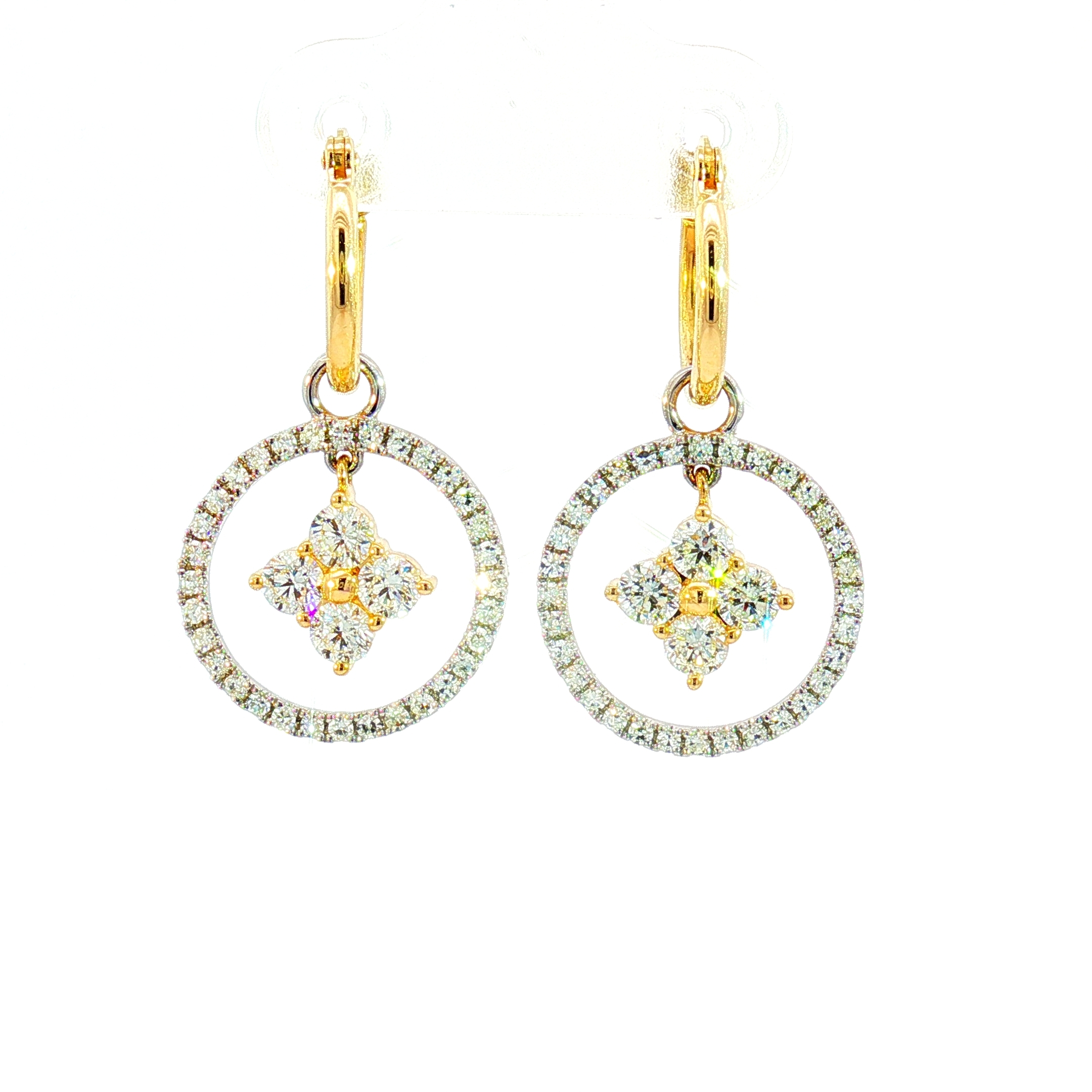 14K Yellow & White Gold Flower Halo Dangle Earrings with 0.93ct + 0.45ct Natural Diamonds