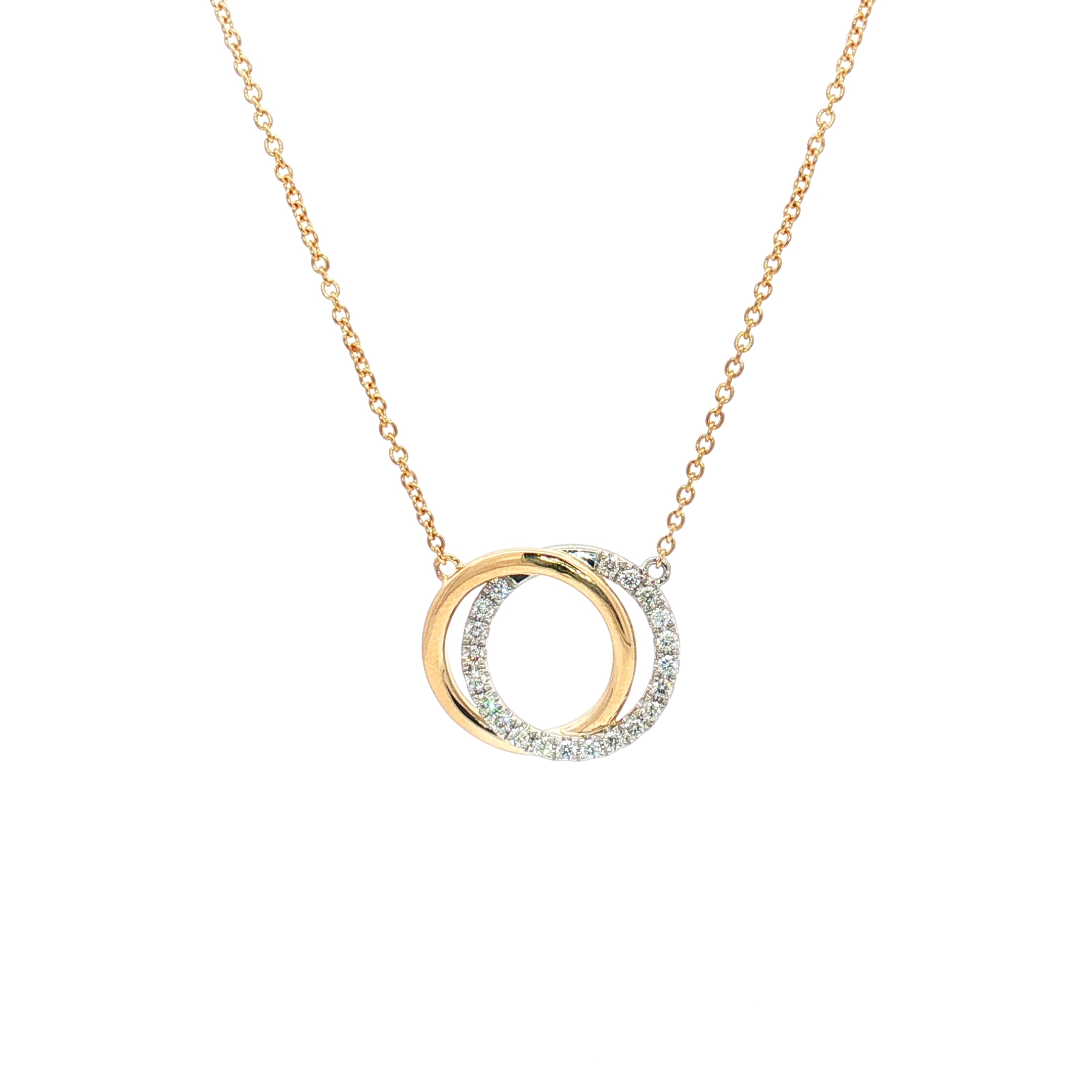 14K Yellow & White Gold Pavé Double Circle pendant Necklacewith 0.18ct Diamonds, 18