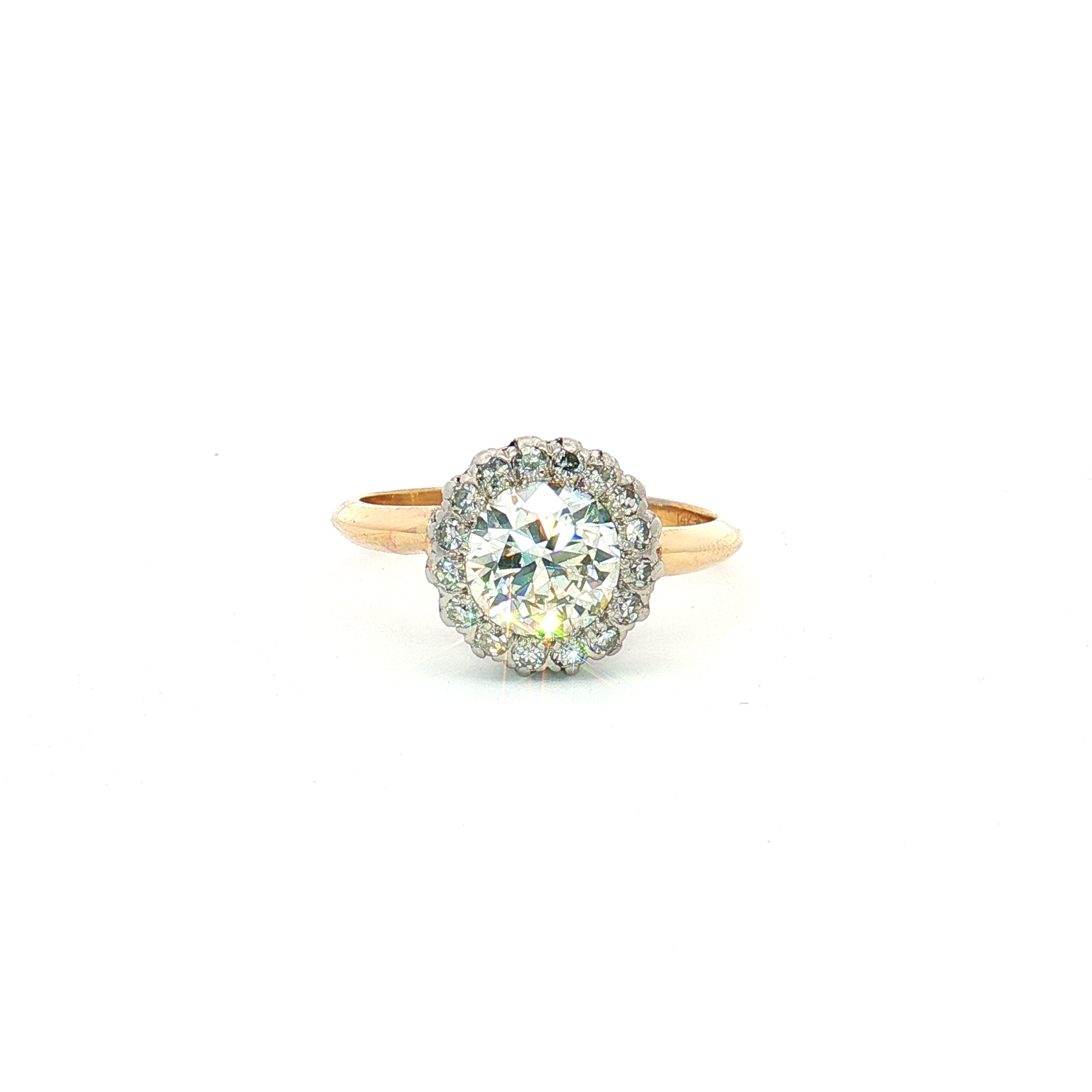 14K Yellow & White Gold Ring with a 1.50ct Round Brilliant Natural Diamond Center Stone, surrounded by a diamond halo, Size 6.5. Cert.