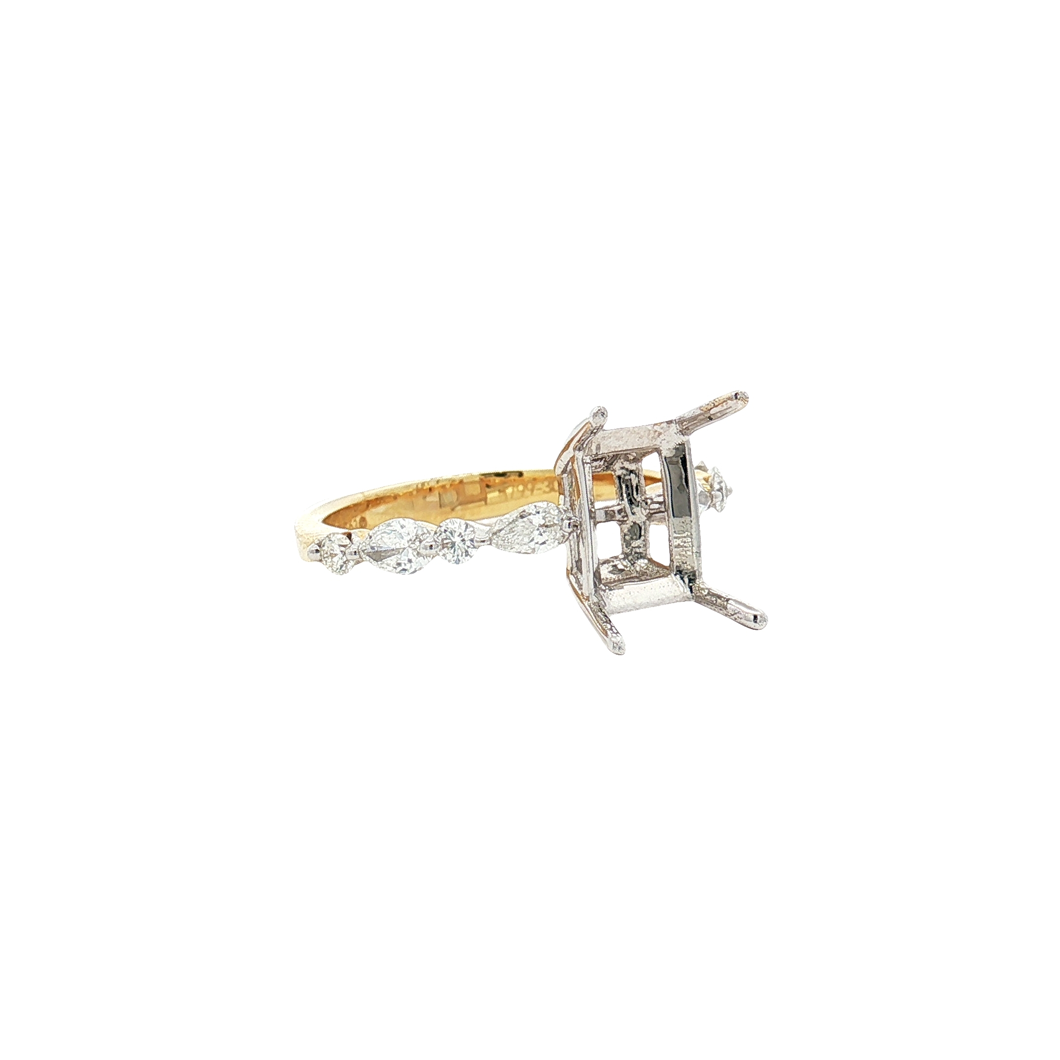 14K Yellow & White Gold Semi-Mount Engagement Ring with 0.51ct Diamonds, Size 7.5 - Fits Emerald or Elongated Cushion Cut Diamond 