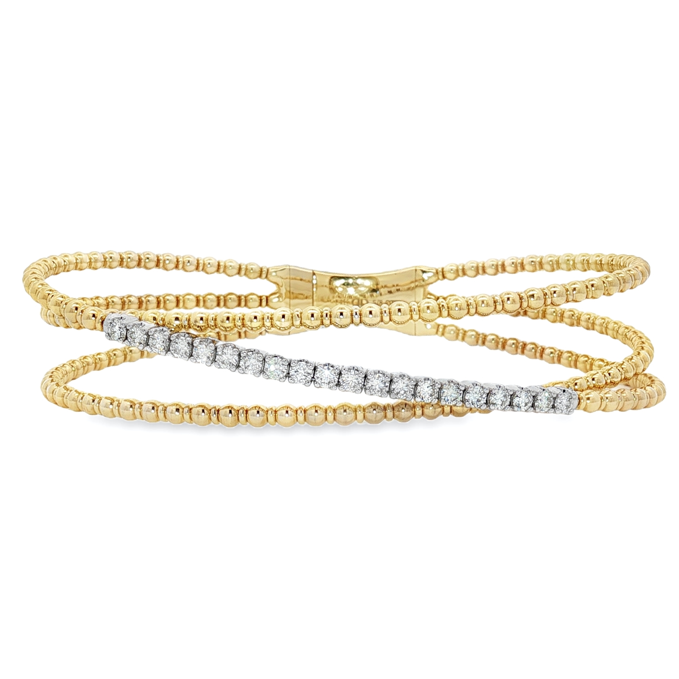 14K Yellow & White Gold Triple-Band Beaded Openable Bangle with 0.63ct Natural Diamonds, Size 6.75