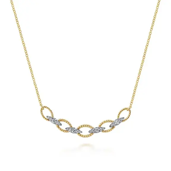 14K Yellow-White Gold Twisted Rope Oval Link Necklace with Diamond Connectors .25 CTW Diamond 17.50 Inches 