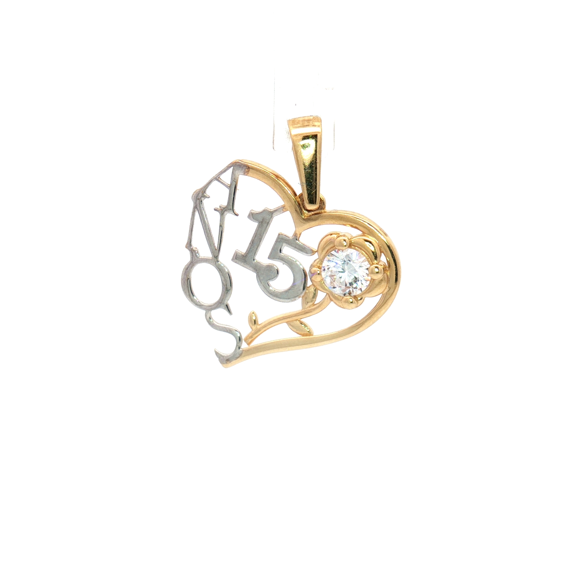 14K Yellow and White Gold 15 Años CZ Heart Pendant, 22.40mm