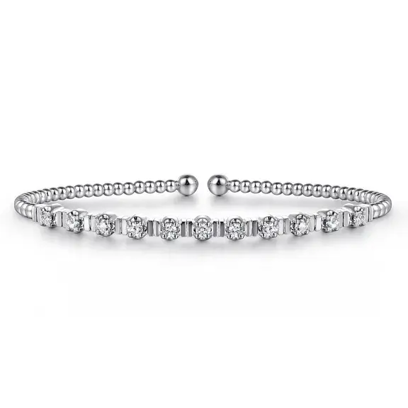 14 Karat White Gold Bujukan Bead Cuff Bracelet with Diamond Stations With Protected Lock 
