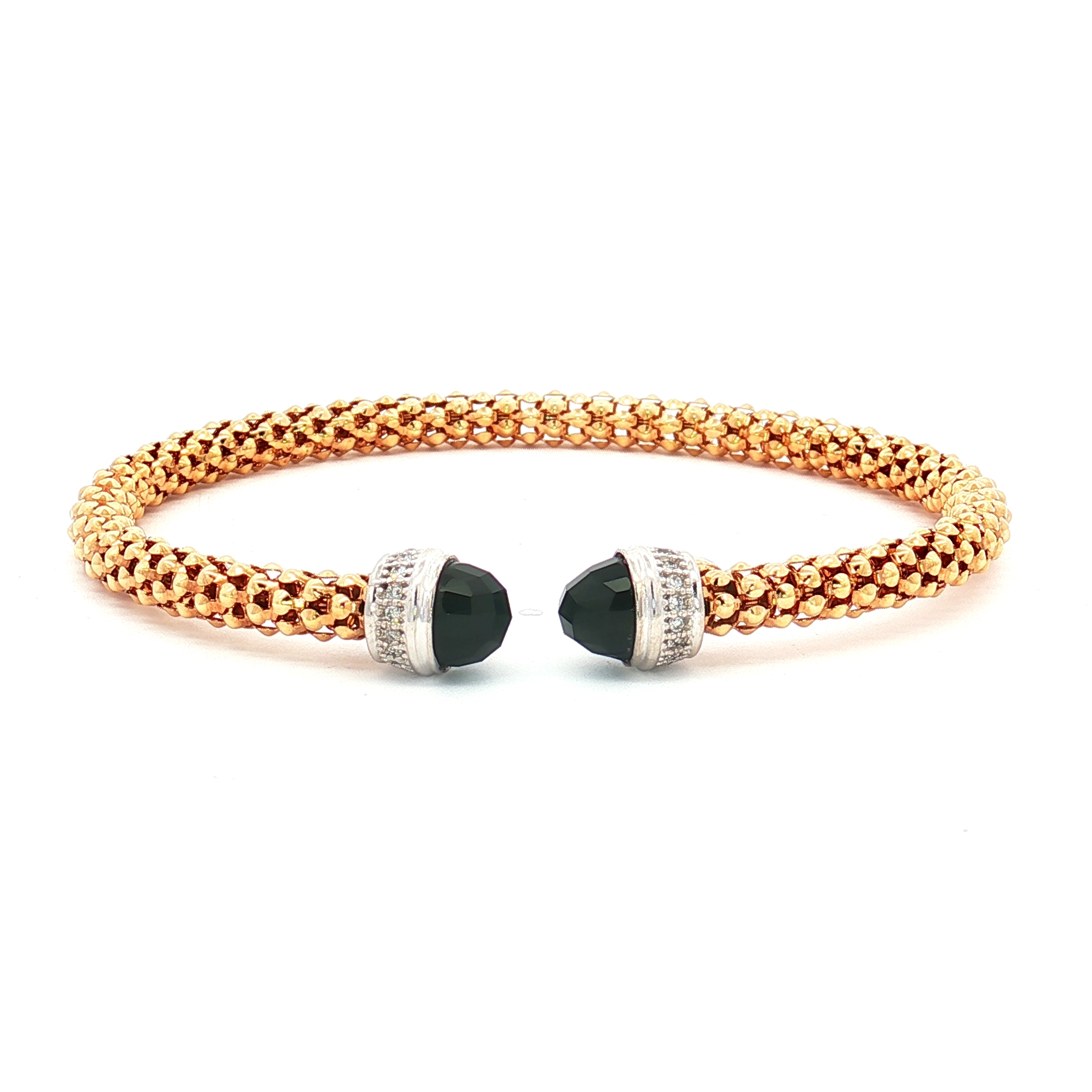 14kt Gold Yellow 7mm Textured Fancy Cuff Prosecco Bangle with 0.09ct White Diamond & 2.00ct Round Onyx, Size 6.5