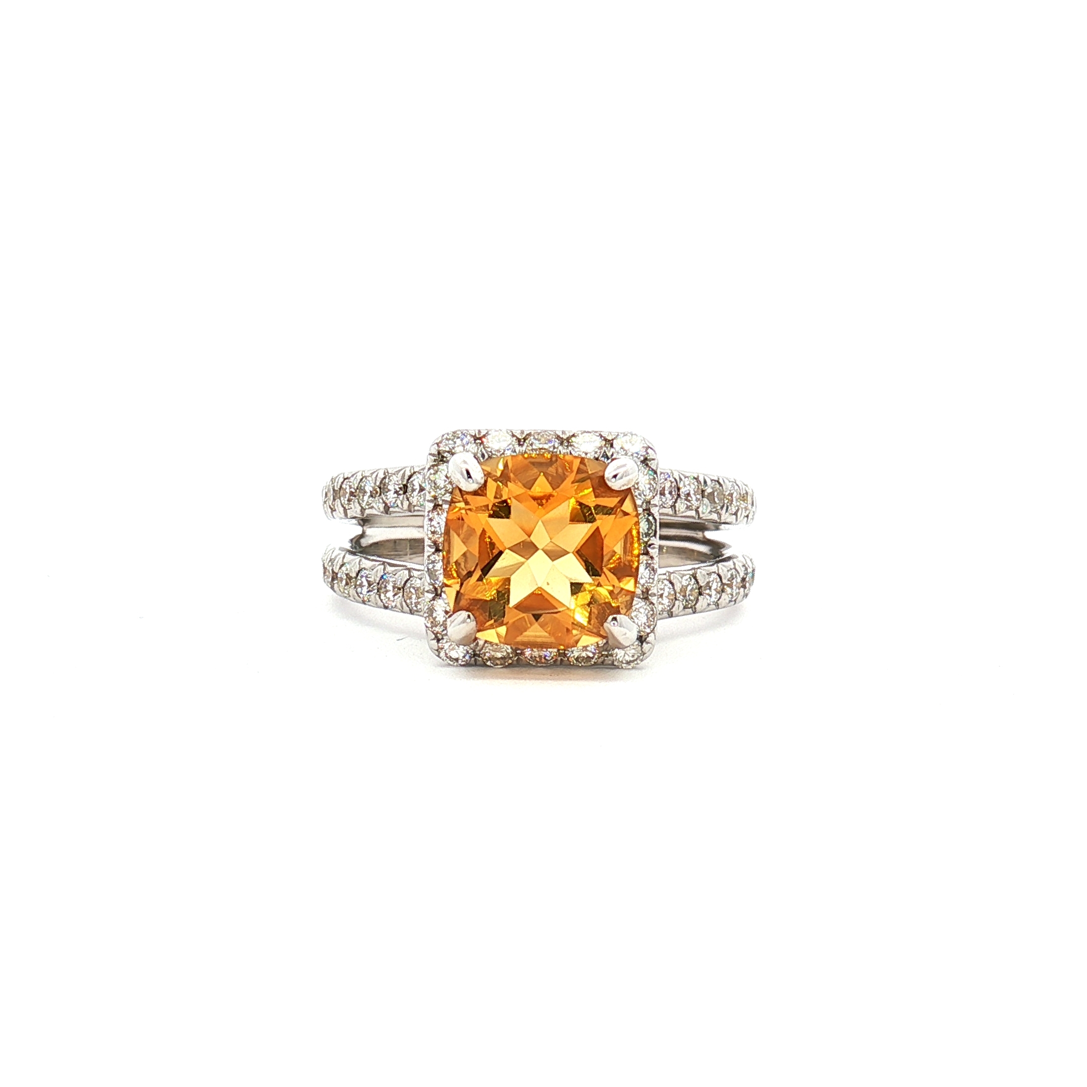 18K White Gold Ring with Cushion-Cut Citrine and Natural Diamonds, Size 6