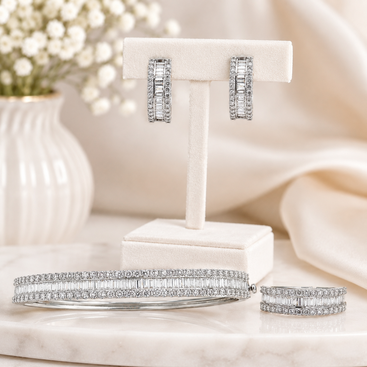 925 Silver 7.00ct Lab-Grown Diamond Set – 1.24ct Ring, Size 7, 1.25ct Hoops & 4.51ct Bangle
