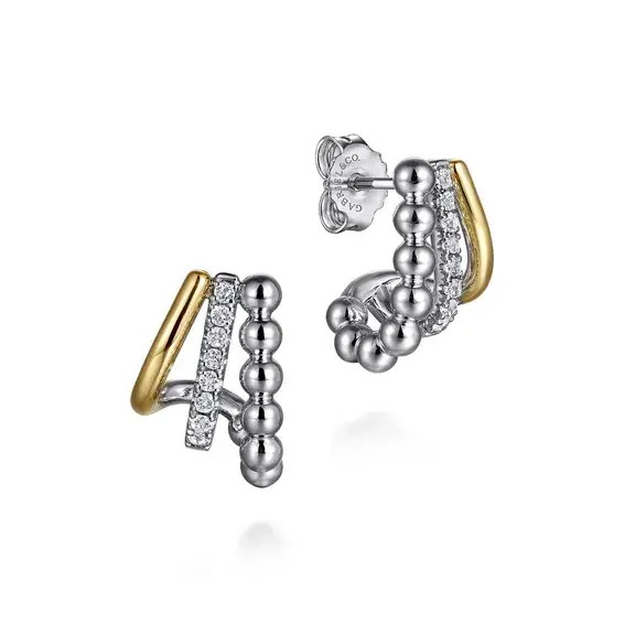 925 Sterling Silver and 14K Yellow Gold Bujukan and White Sapphire Multiple Row J Hoop Earrings 15MM