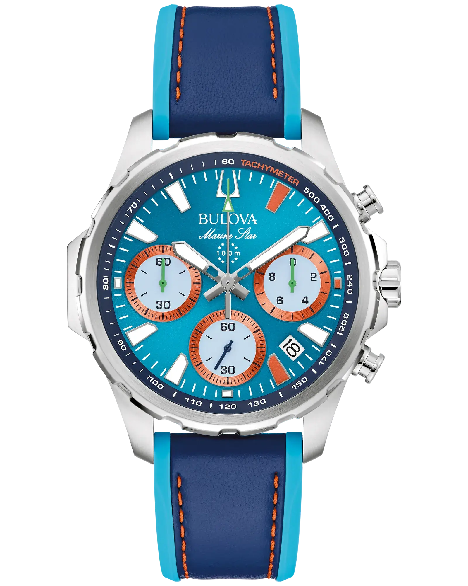 Bulova Blue Dial Leather and Silicone Strap E1 Team Miami, Chronograph, 43mm, 96B460.