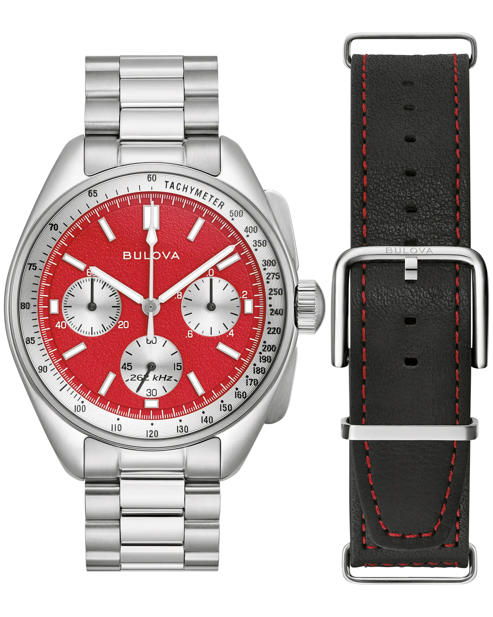 Bulova Red Dial Stainless Steel Combination Bracelet/Strap Lunar Pilot, 43.5mm, 96K115.