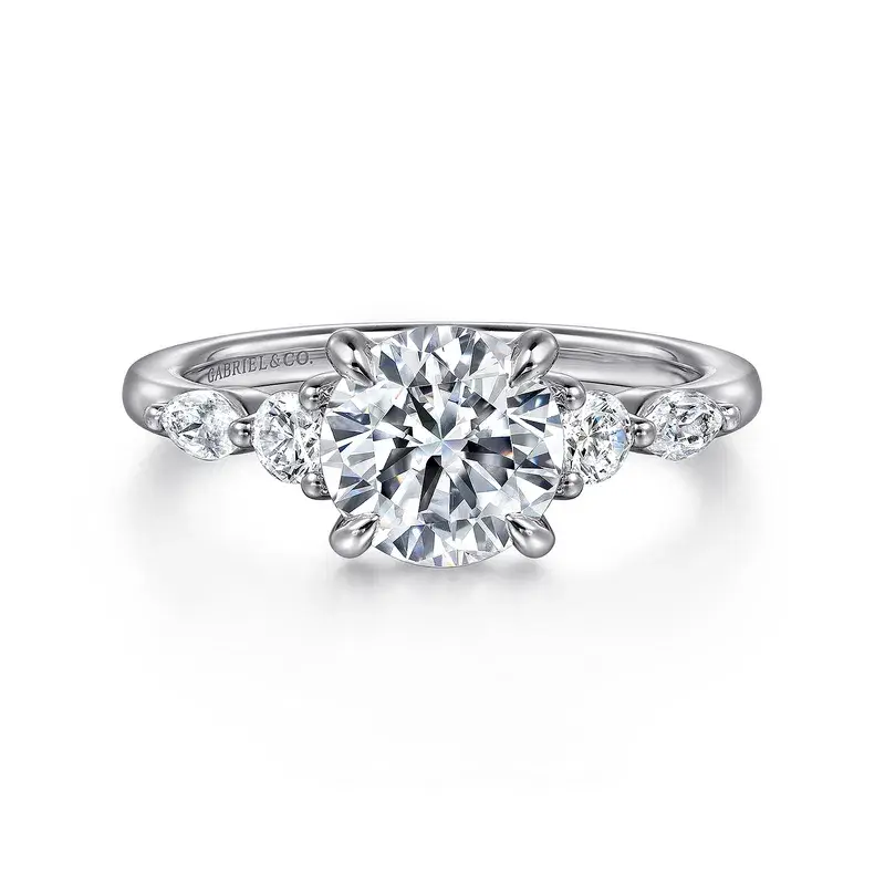 Cian - 14K White Gold Round Five Stone Engagement Ring with 1.50ct Cubic Zirconia Center Stone & 0.34 Side Natural Diamonds, Size 6.5