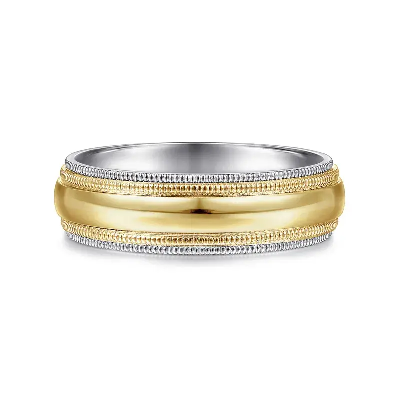 Damien - 14K White-Yellow Gold High Polish Men's Wedding Band with Milgrain Edge