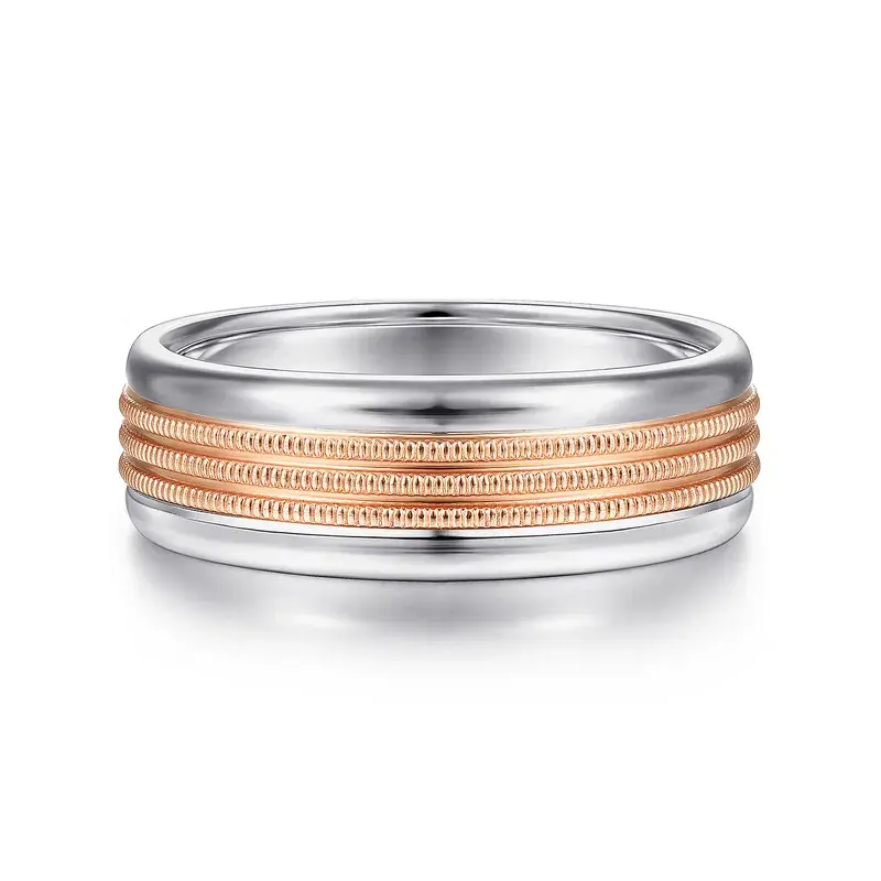 Ethan - 14K White-Rose Gold 7mm - Two Tone Men's Wedding Band in High Polished Finish, Size 10