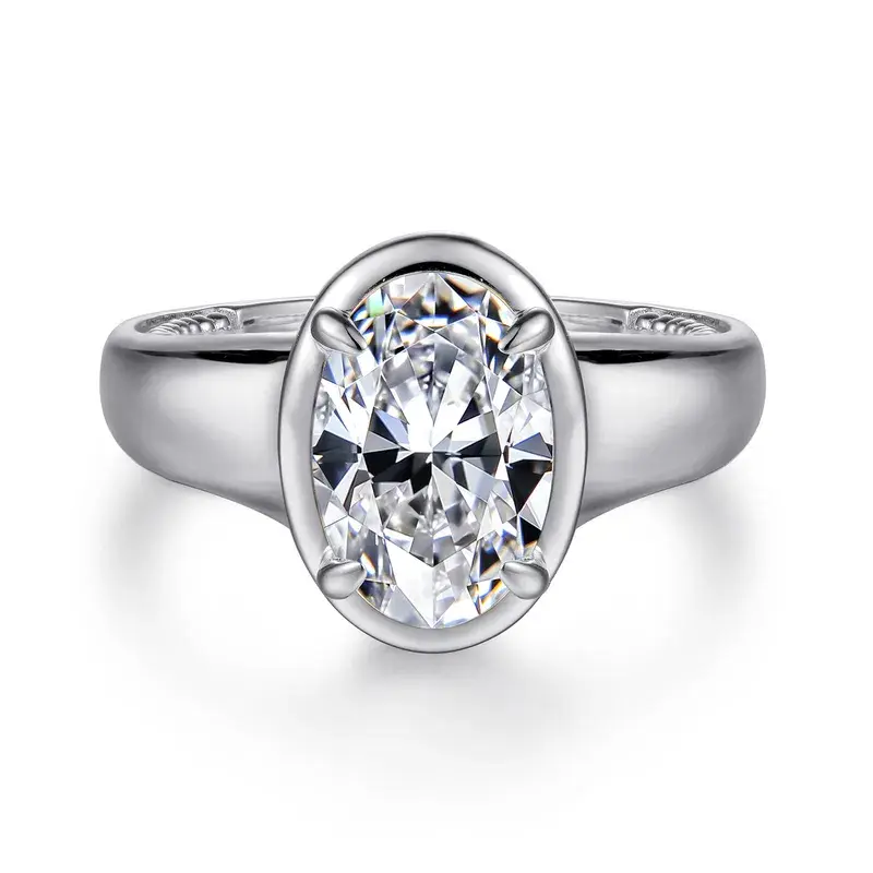 Ettie - 14K White Gold Bezel Prong Oval Diamond Engagement Ring with Cubic Zirconia Center Stone & 0.35ct Natural Diamonds, Size 6.5