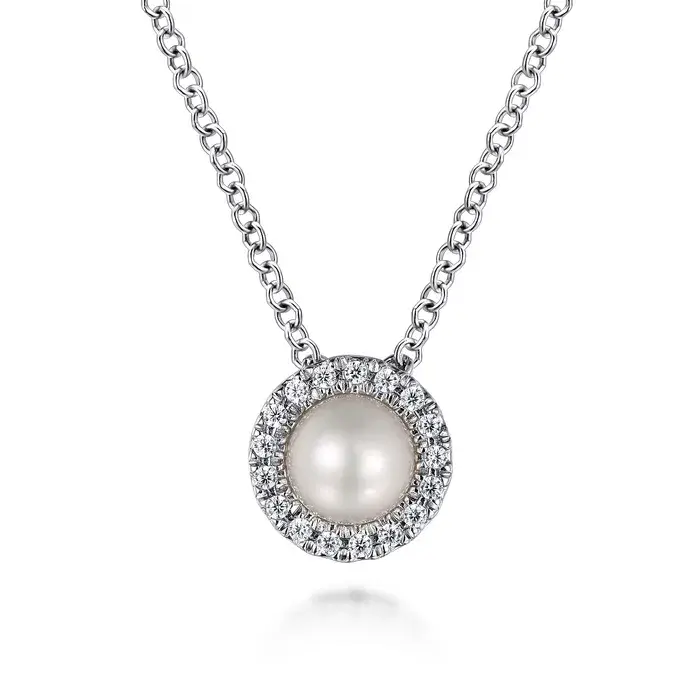 Gabriel Co Pendant Necklace 14K White Gold  0.21ct Diamond and Pearl, 18