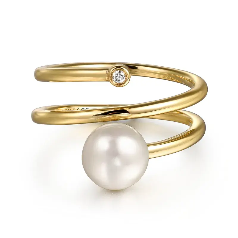Gabriel Co Wide Band Wrap Ring 14K Yellow Gold 0.02ct Diamond and 0.48 Pearl, Size 6.5