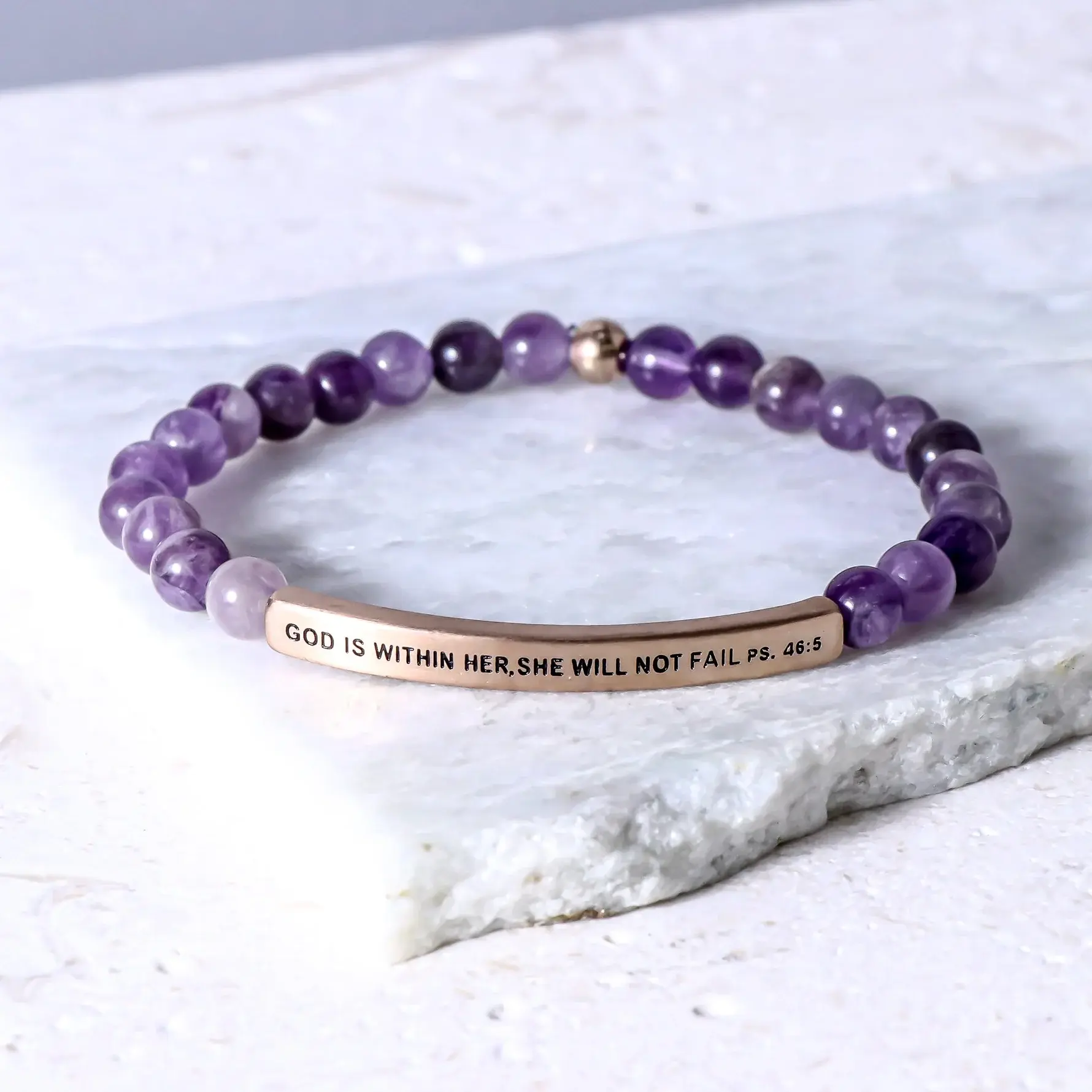 God Is Within Her, She will Not Fail Psalms 46:5 -  Amethyst Beaded Bracelet