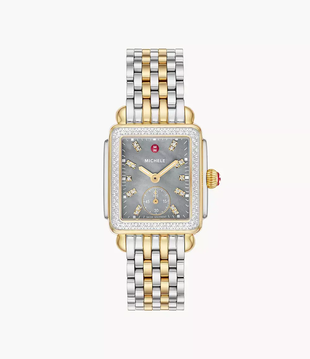 MICHELE Deco Mid Two-Tone 18K Gold-Plated Quartz Grey Mother of Pearl Dial Diamond Bezel Watch, MWW06V000132