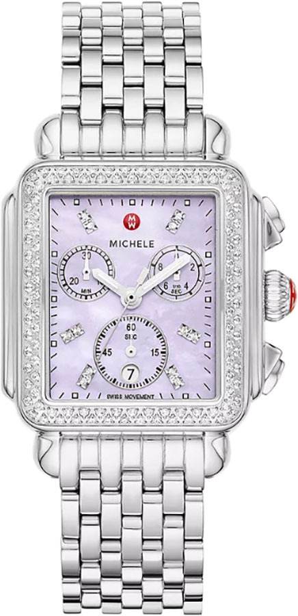 MICHELE Deco Purple Mother of Pearl Diamond Dial Stainless Steel Women's Watch, 35mm- MWW06A000800