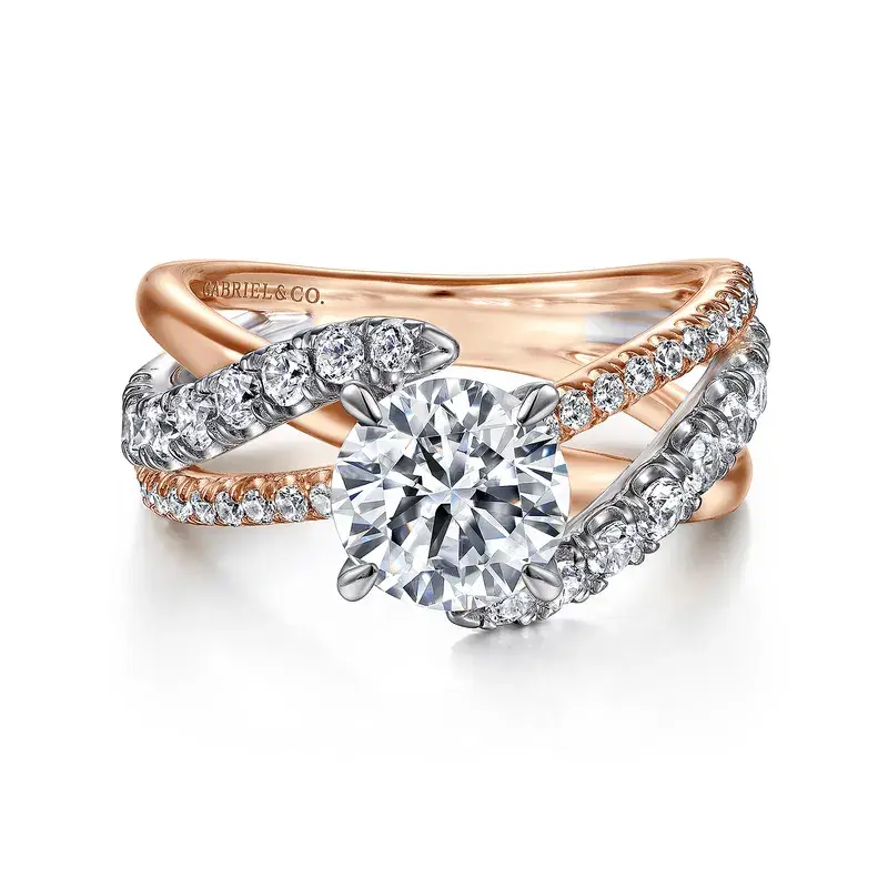Zaira - 14K White-Rose Gold  Engagement Ring 0.77ct Free Form Diamond Accents & Round Cubic Zirconia Center, Size 6.5 