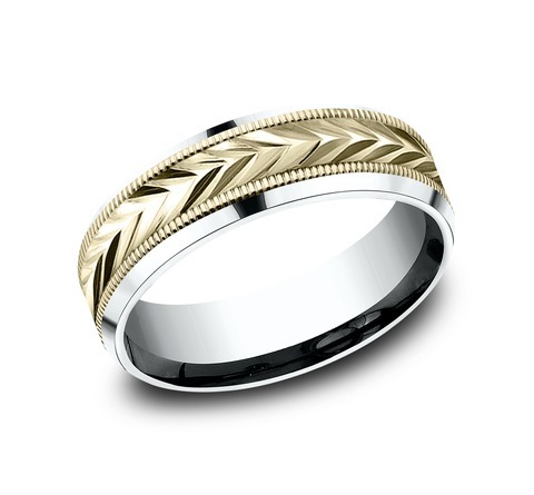 THE DISTRICT 14K White and Yellow Gold 7mm, Lightweight Comfort Fit Wheat Pattern with Milgrain Detail, Polished Bevel Edges - Size 13.5