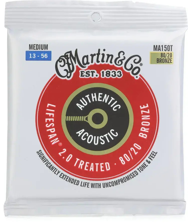Martin MA150T Authentic Acoustic Lifespan 2.0 Treated 80/20 Bronze Guitar Strings - .013-.056 Medium