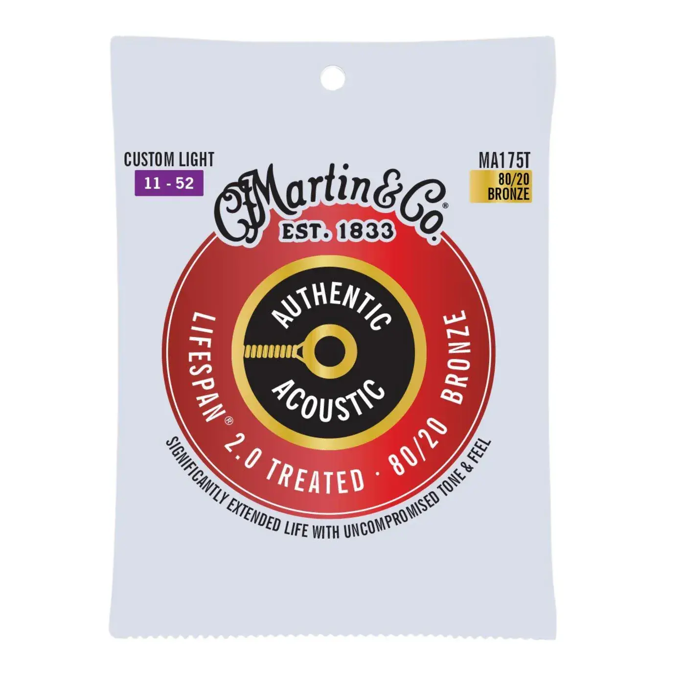 Martin MA175T Authentic Acoustic Lifespan 2.0 Treated 80/20 Bronze Guitar Strings - .011-.052 Custom Light