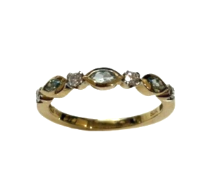 10K Y .14cttw faceted round Diamonds, .24cttw faceted marquis Blue Topaz stacking ring, size 7.
